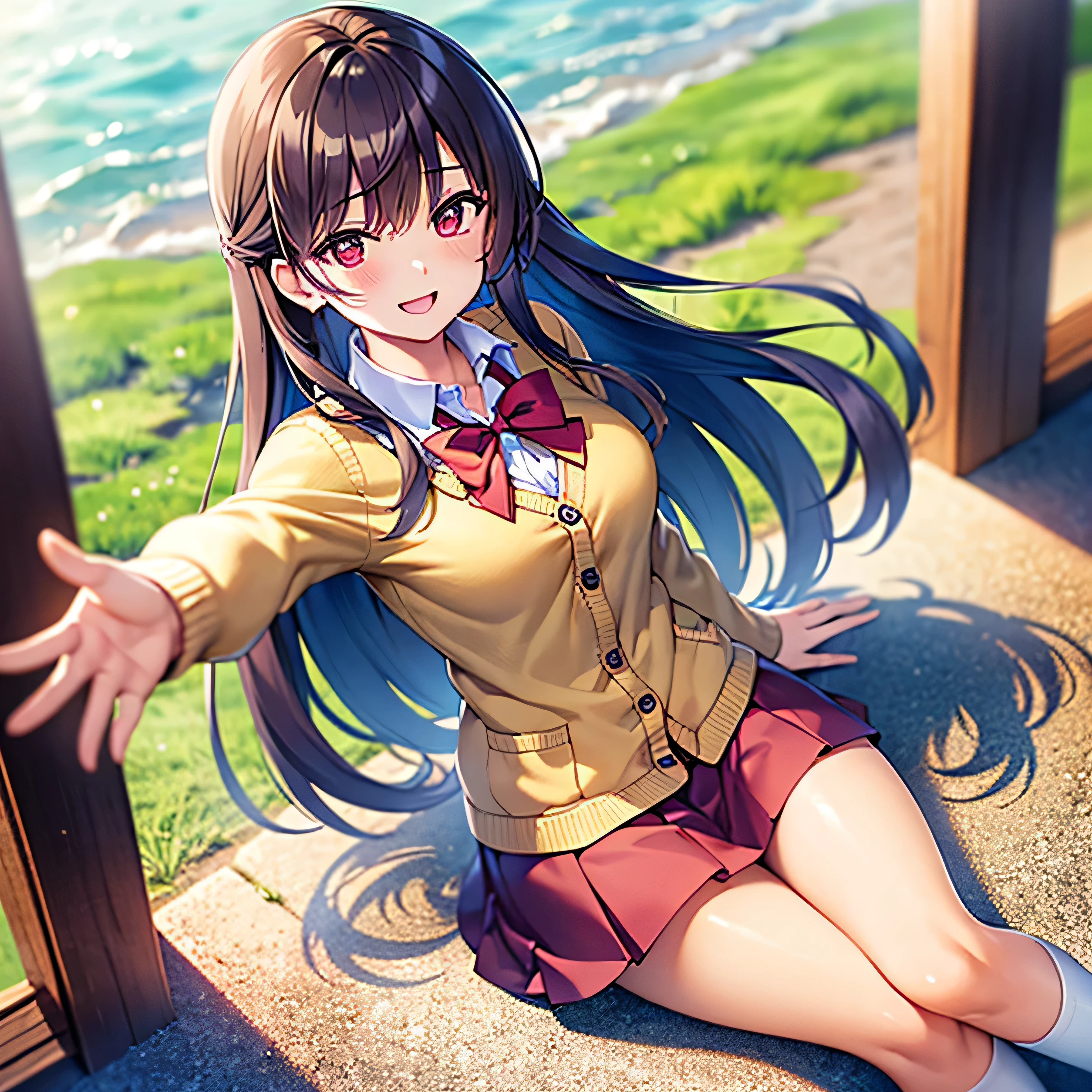 ((Best Quality)), 1girl, ((Nagamori Mizuka)), ((ONE kagayaku kisetsu he)), ((red eyes)), ((long hair)), ((tawny hair)), ((yellow ribbon behind hair)), ((school uniform)), ((plain red skirt)), ((knee length skirt)), ((white socks)), ((brown shoes)), ((pink shirt with a red bow)), ((sand colored cardigan sweater)), smiling, full body, outdoors, spring, city