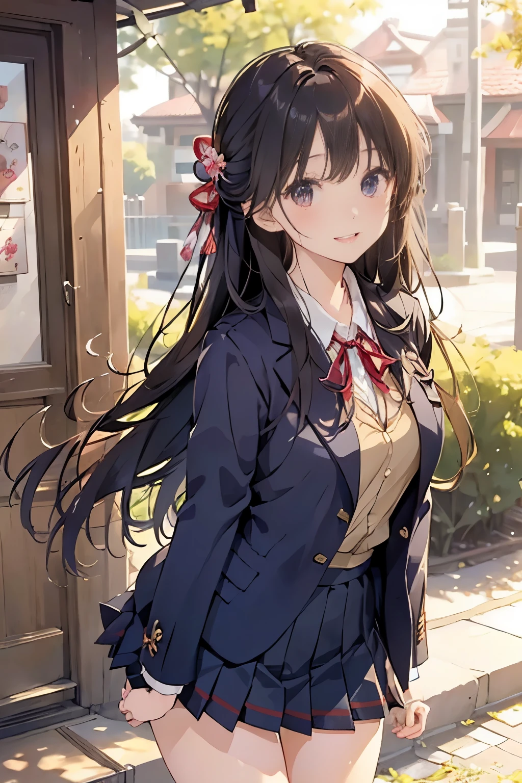 (((masterpiece)))，full body photo，(one beautiful japanese girl, innocence，cute，posterior view，look back) ，ultra high resolution, realistic, Super detailed, 8K,highest quality, very detailed, blurred background,slender body shape，small breasts，(detailed face:1.3), (Beautiful long hair fluttering in the strong wind), (baby face，cute系,Full of energy女の子), (perfect body:1.1),  ((Pink Blazer，white shirt，Red Neck Ribbon，Gray pleated kirt fluttering in the wind))，Full of energy，best smile，Pose with movement，rosy cheeks，超detailed face、detailed lips、small gravure idol，Japanese high school uniform with school emblem on the chest，transparent skin、lolita，realistic:1.37，no makeup，happy atmosphere，pastel color palette，in a sunny day，large park，happy holidays，date，happy，I feel excited