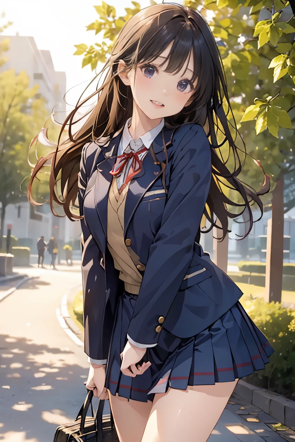 (((masterpiece)))，full body photo，(one beautiful japanese girl, innocence，cute，posterior view，look back) ，ultra high resolution, realistic, Super detailed, 8K,highest quality, very detailed, blurred background,slender body shape，small breasts，(detailed face:1.3), (Beautiful long hair fluttering in the strong wind), (baby face，cute系,Full of energy女の子), (perfect body:1.1),  ((Pink Blazer，white shirt，Red Neck Ribbon，Gray pleated kirt fluttering in the wind))，Full of energy，best smile，Pose with movement，rosy cheeks，超detailed face、detailed lips、small gravure idol，Japanese high school uniform with school emblem on the chest，transparent skin、lolita，realistic:1.37，no makeup，happy atmosphere，pastel color palette，in a sunny day，large park，happy holidays，date，happy，I feel excited