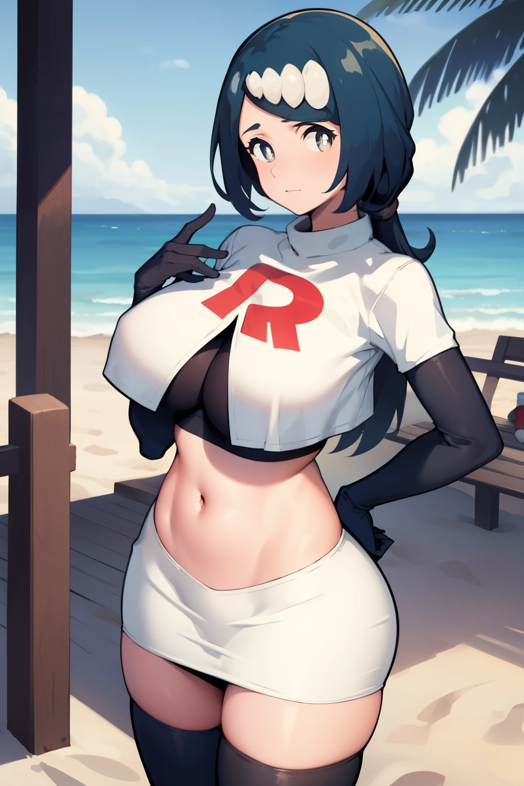 masterpiece, best quality, lanamother, white pupils, long hair, hair ornament, team rocket,team rocket uniform, red letter R, white skirt,white crop top,black thigh-highs,black elbow gloves, large breasts, mature female, wide hips, looking at viewer, beach, palm trees, boardwalk,
