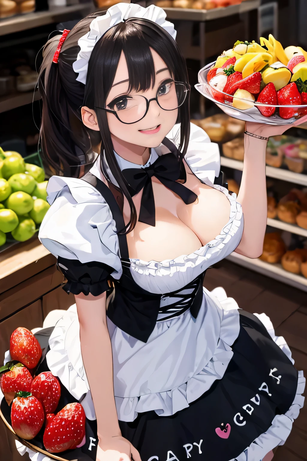 (8K、RAW photo、highest quality、masterpiece:1.2)、detailed background、beautiful and detailed face、beautiful and smooth skin、skin texture、professional lighting、Beautiful age girl、sexual expression、(big breasts:1.3)、Cute Ponytail、Cute black glasses 、Look at me happily、
Maid clothes、Features frills and apron、can bring out your cuteness。
fruit and candy costume、Gives a colorful and cute impression。for example、Strawberries or bananas、We also have costumes such as donuts.。