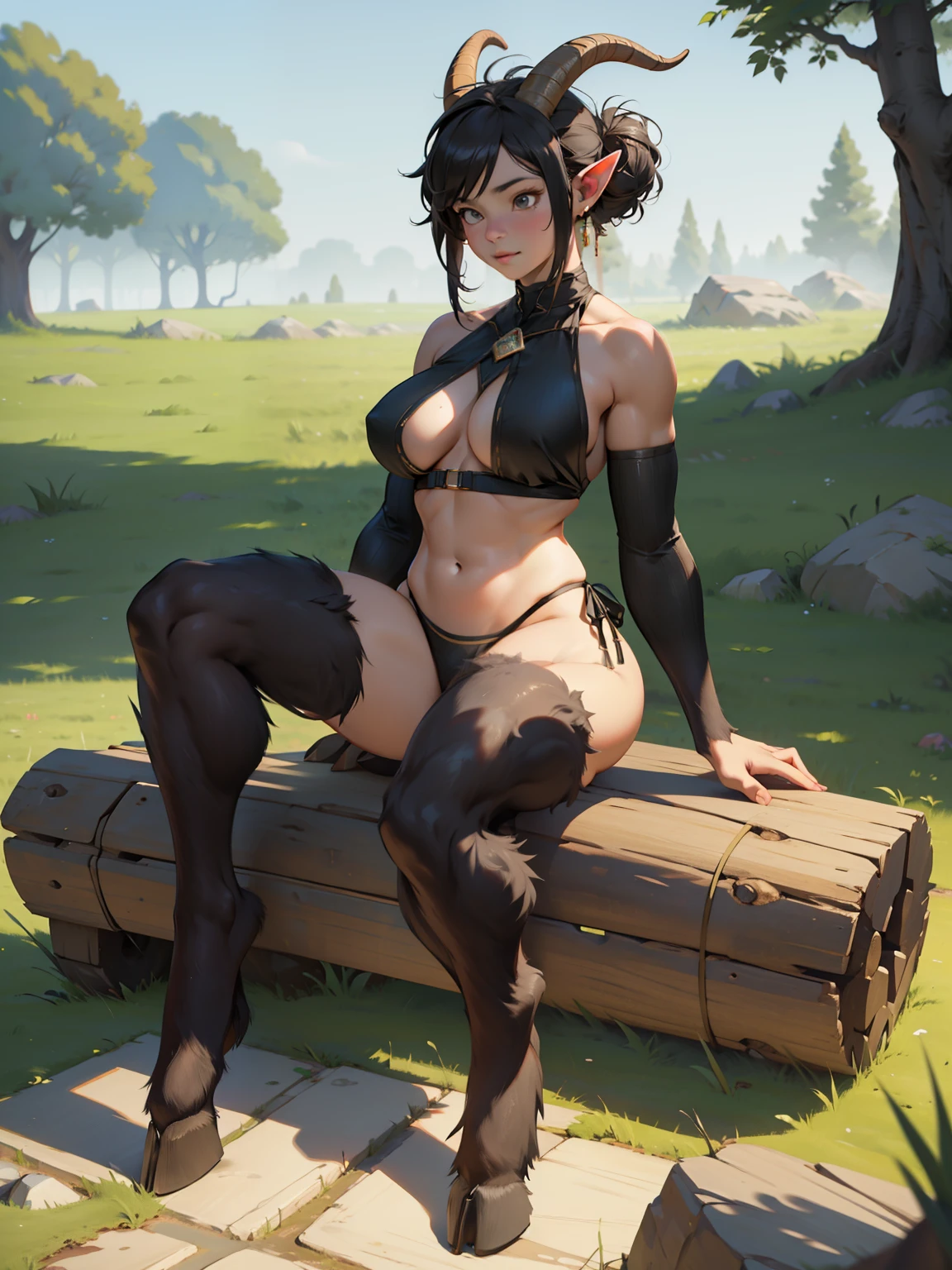 3dmm style, Masterpiece, realistic, best quality, art by chunie, (by chunie:1), (an anthro goat), female faun, short updo hair, Goat waist, hooved legs, wide hips, large breast, wearing gray satin bikini, sits on grass