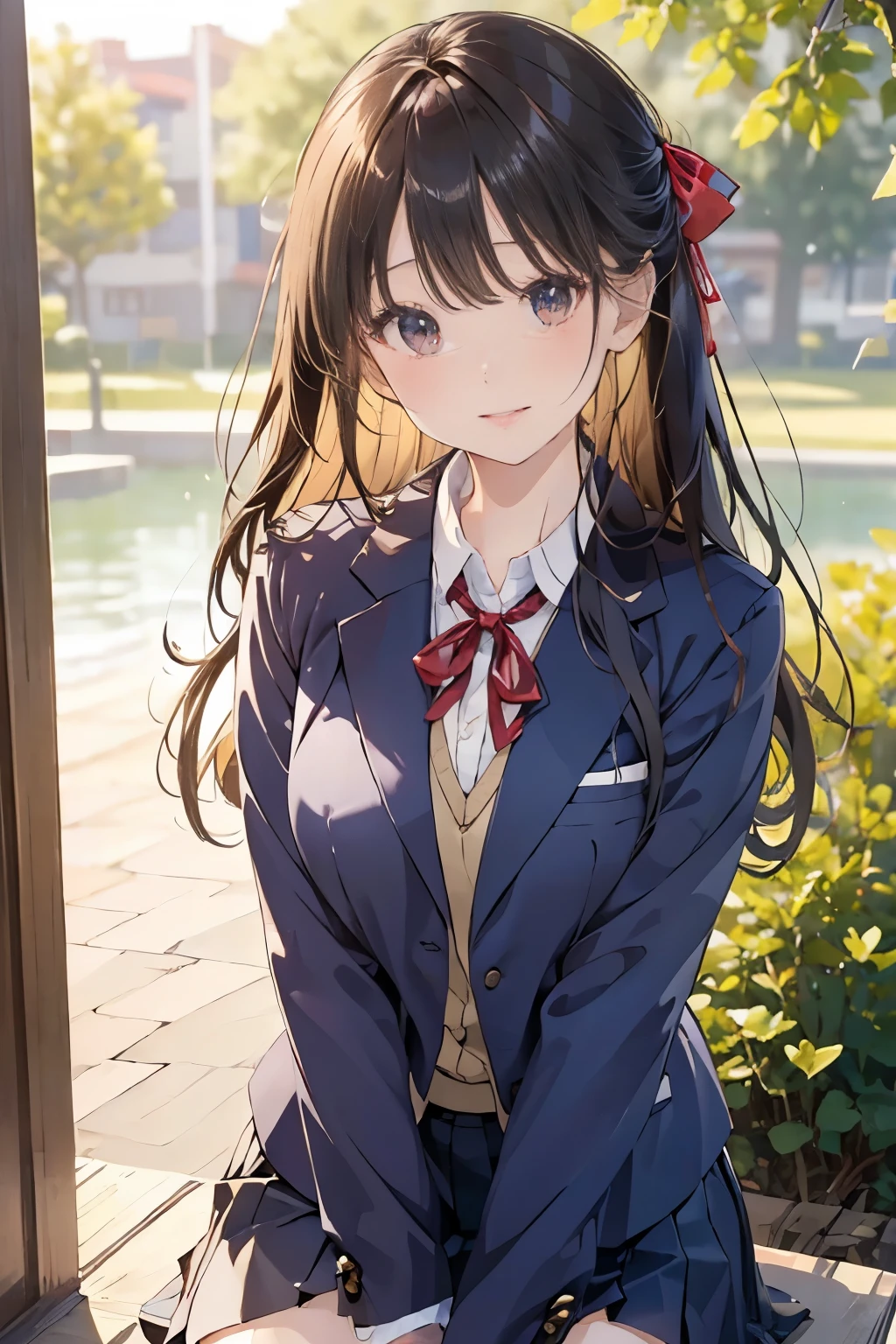 (((masterpiece)))，full body photo，(one beautiful japanese girl, innocence，cute，posterior view，look back) ，ultra high resolution, realistic, Super detailed, 8K,highest quality, very detailed, blurred background,slender body shape，small breasts，(detailed face:1.3), (Beautiful long hair fluttering in the strong wind), (baby face，cute系,Full of energy女の子), (perfect body:1.1),  ((Pink Blazer，white shirt，Red Neck Ribbon，Gray pleated kirt fluttering in the wind))，Full of energy，best smile，Pose with movement，rosy cheeks，超detailed face、detailed lips、small gravure idol，Japanese high school uniform with school emblem on the chest，transparent skin、lolita，realistic:1.37，no makeup，happy atmosphere，pastel color palette，in a sunny day，large park，happy holidays，date，happy，I feel excited