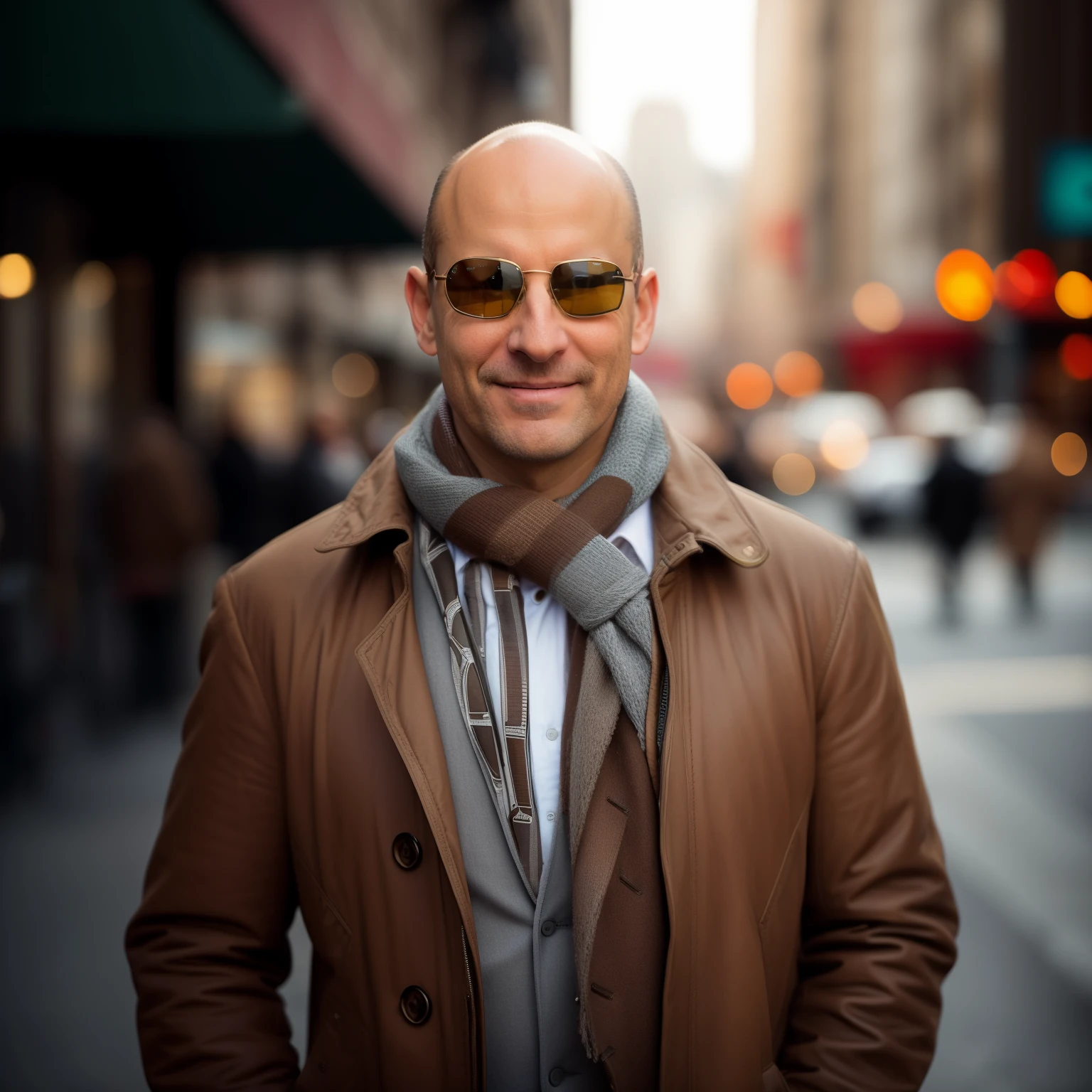 arafed man in a brown coat and scarf standing on a city street, middle aged balding superhero, bald man, photo of a man, portrait of bald, bald head and menacing look, by Etienne Delessert, vitaliy bondarchuk, man in his 40s, standing in a city street, by Daniel Gelon, photo portrait,  (((smiling))), (((wearing sunglasses))), round face