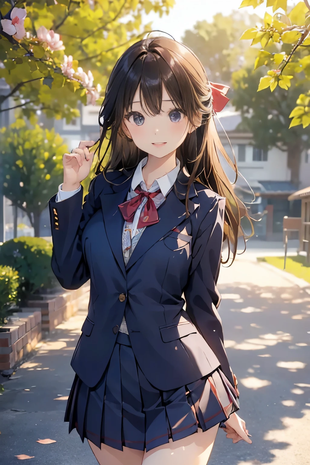 (((masterpiece)))，full body photo，(one beautiful japanese girl, innocence，cute，posterior view，look back) ，ultra high resolution, realistic, Super detailed, 8K,highest quality, very detailed, blurred background,slender body shape，small breasts，(detailed face:1.3), (Beautiful long hair fluttering in the strong wind), (baby face，cute系,Full of energy女の子), (perfect body:1.1),  ((Pink Blazer，white shirt，Red Neck Ribbon，Gray pleated kirt fluttering in the wind))，Full of energy，best smile，Pose with movement，rosy cheeks，超detailed face、detailed lips、small gravure idol，Japanese high school uniform with school emblem on the chest，transparent skin、lolita，realistic:1.37，no makeup，happy atmosphere，pastel color palette，in a sunny day，large park，happy holidays，date，happy，I feel excited