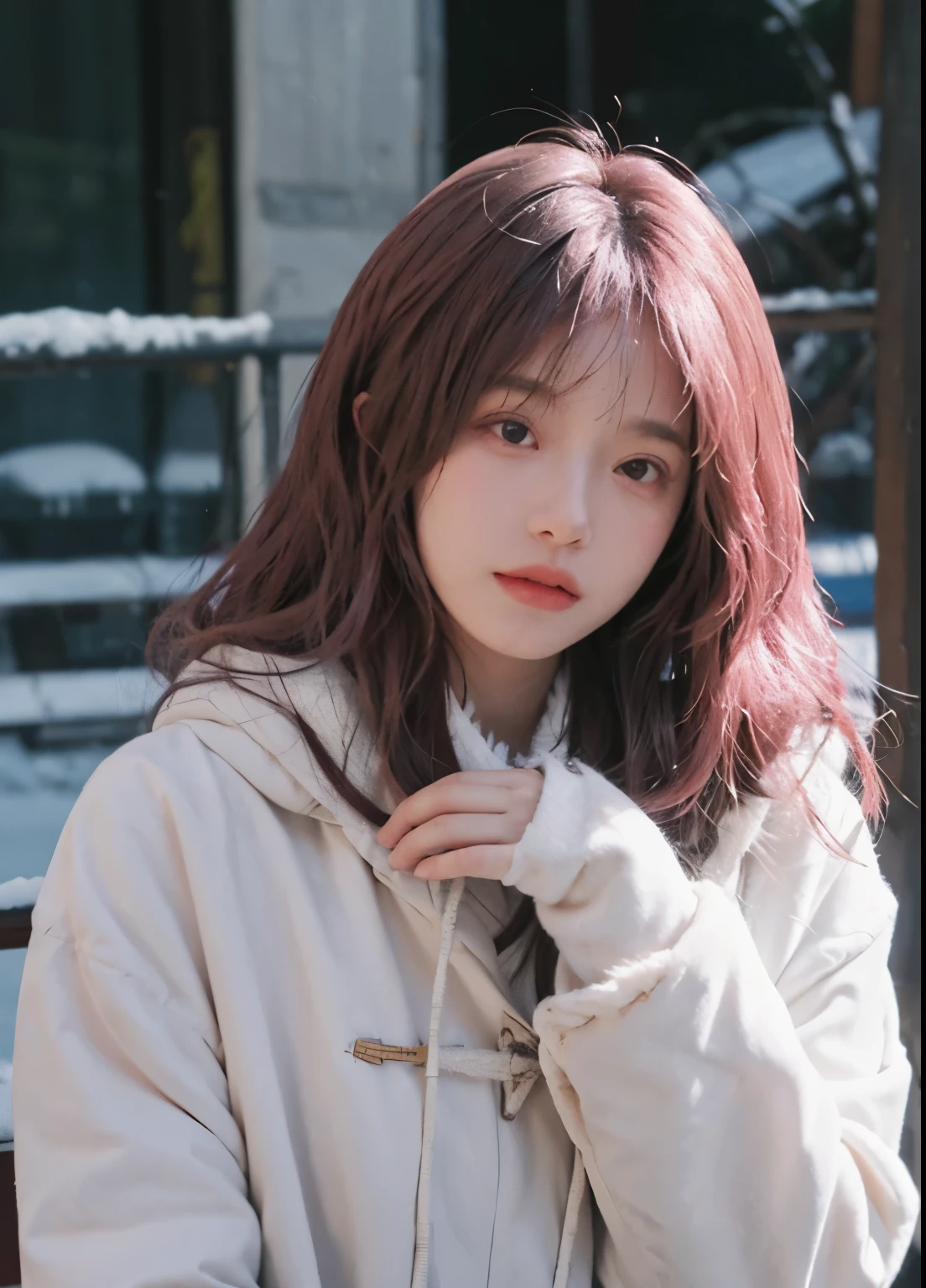 best quality， ultra high resolution， （realistically：1.4）， a girl，long pink hair， A pair of clear and moving eyes,Royal sister，Snow-white coat， looking at the audience， close up ，