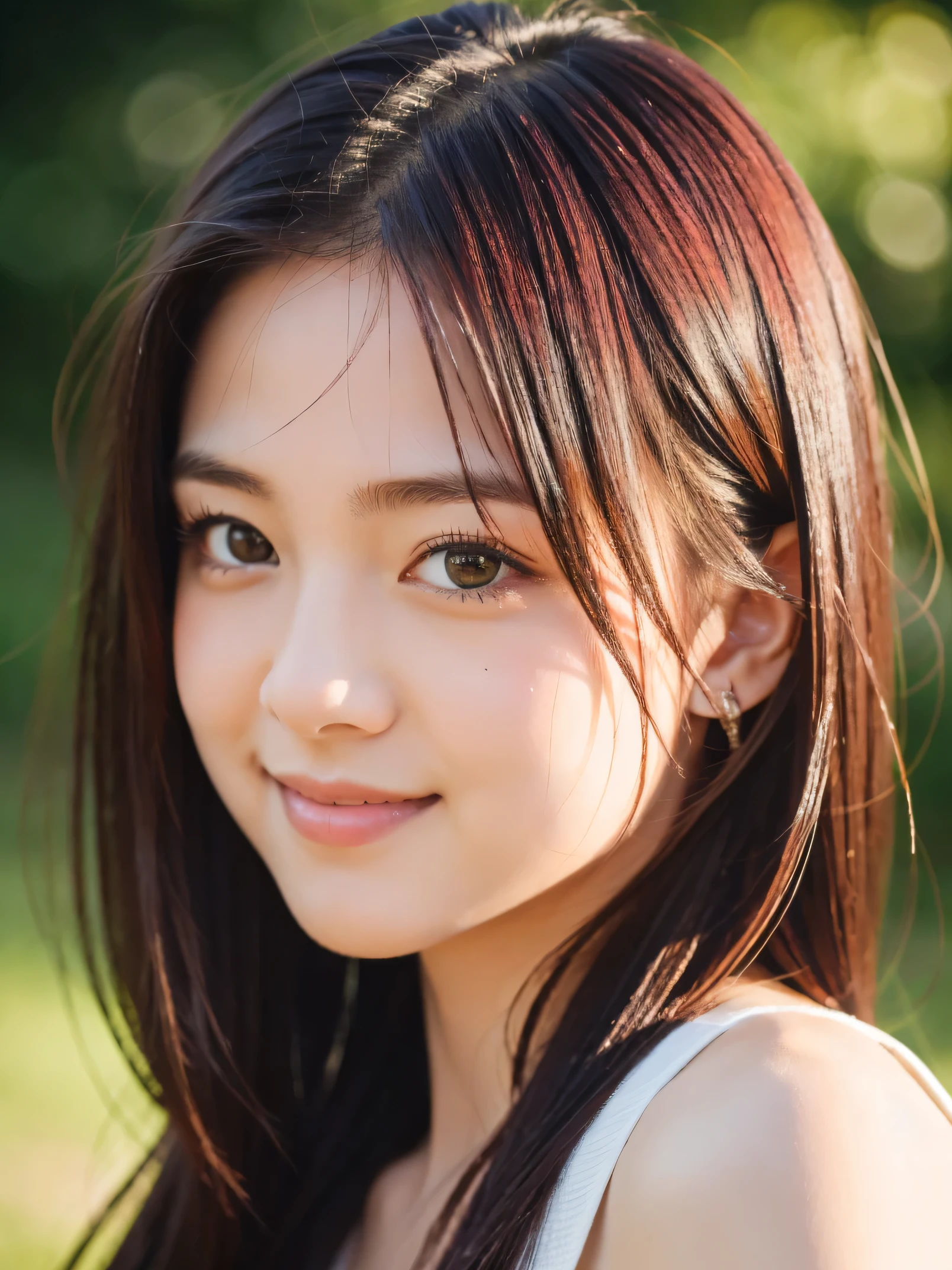 masterpiece, highest quality, RAW photo, realistic, smile, beautiful girl, cute, delicate girl, hair up, written boundary depth, High resolution, Super detailed, detailed, 非常にdetailedな目と顔, realistic student, sharp focus, cinematic lighting, Upper body,