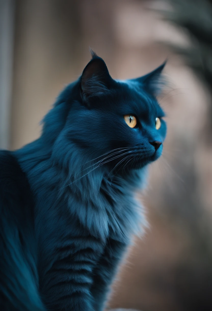 A cute long-haired blue cat with bulging gills
