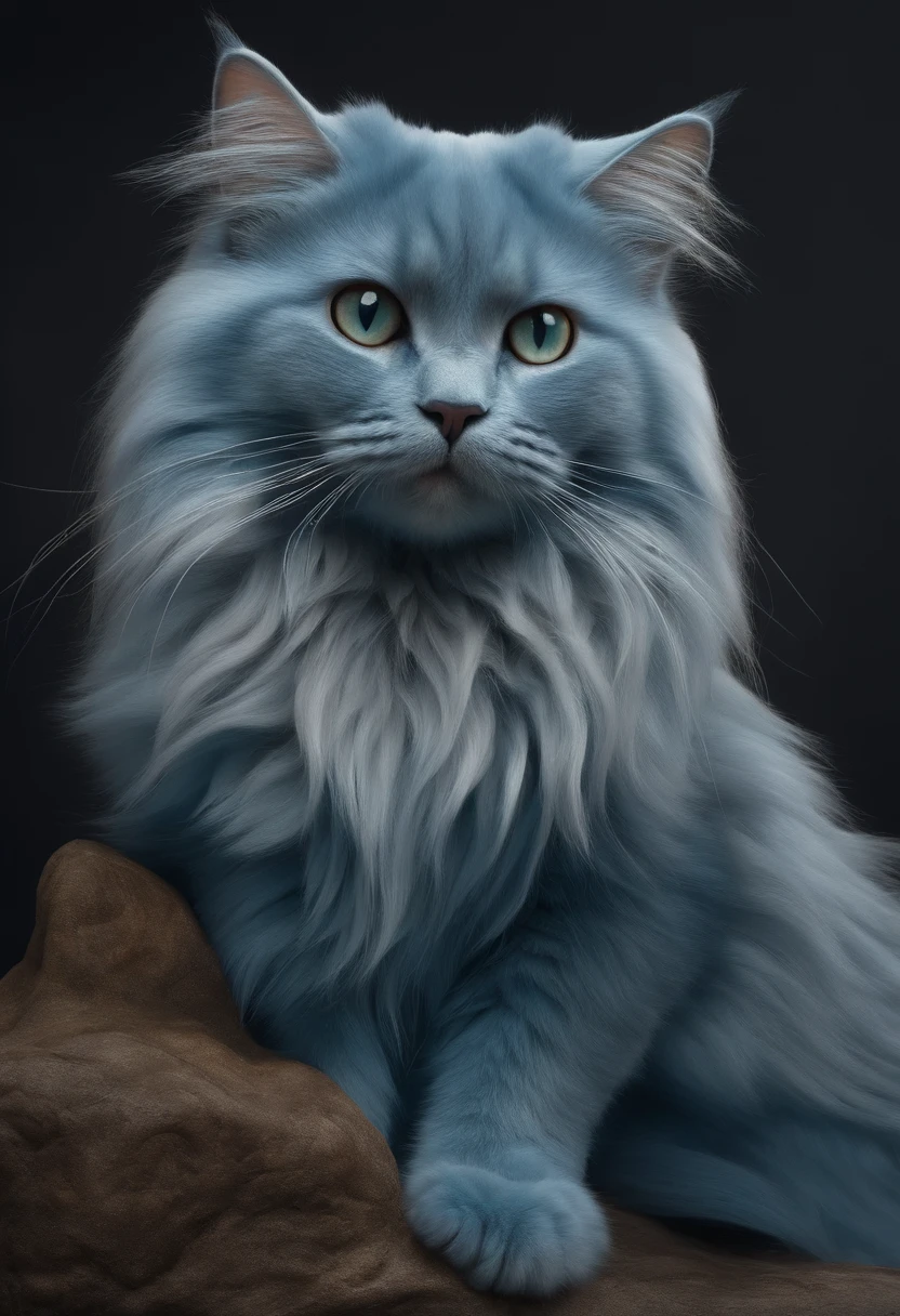 A cute long-haired blue cat with bulging gills