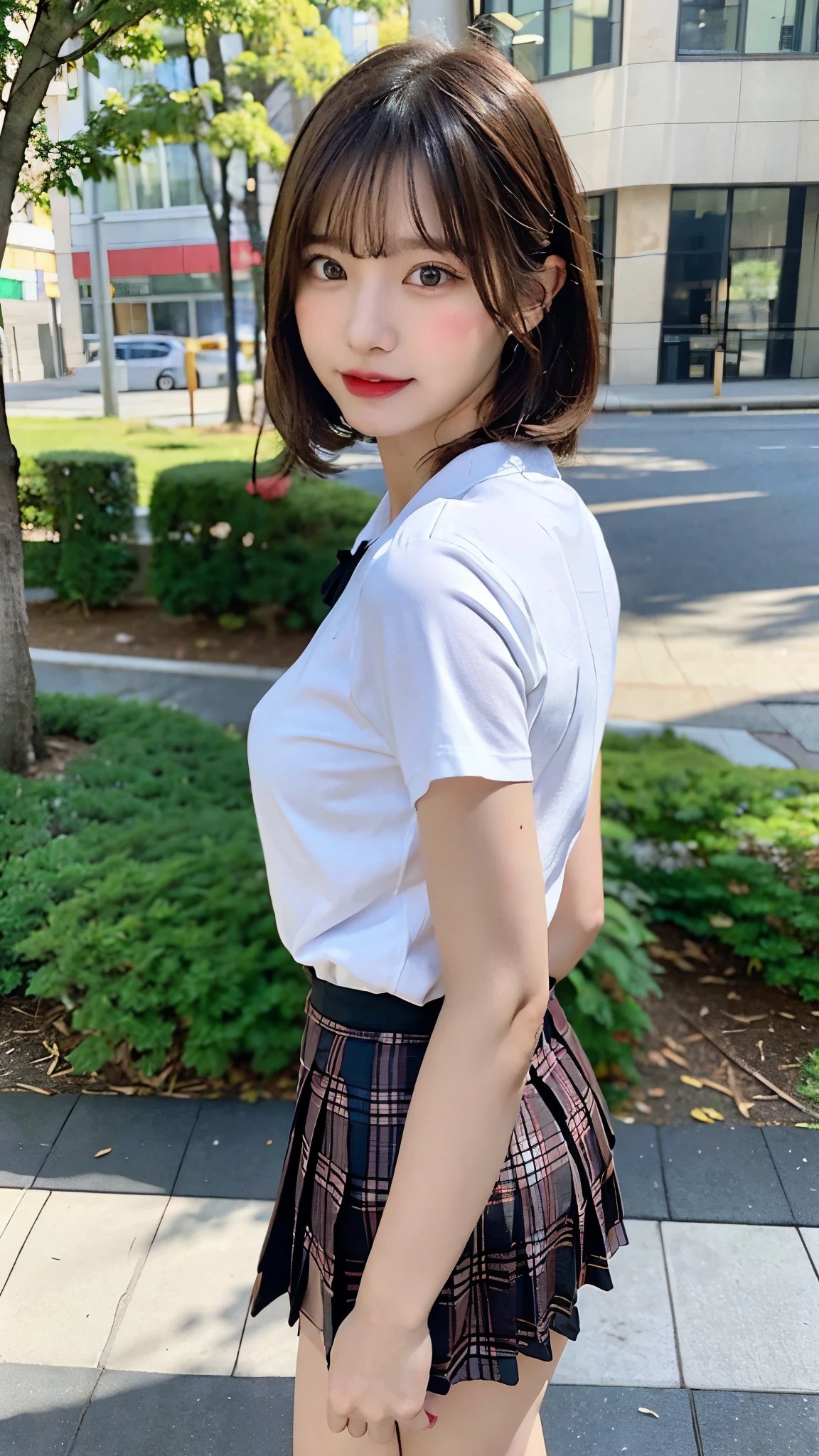 NSFW, 8K RAW photo, highest quality, masterpiece, ultra high resolution, film grain, movie, 1 girl, looking at the viewer, natural skin texture, Realistic eye and face details, full lips, lipstick, (compensate), red eyeshadow, random hairstyle、dark smile, close your mouth, beautiful feet,  skinny, slim_feet, alone, big 、 cleavage, pose with your butt facing yourself, super short skirt, teeth, shirt, beautiful natural location, Around Hanaba, (detailed background), Plaid skirt, white shirt, Show a little cleavage through the shirt, loafers, blurry background, blurry, holding, Plaid, short sleeve, JK ribbon on the neck, JK ribbon, brown hair, bangs, school uniform, jewelry, parted lips, lips, From the side, pleated skirt, written boundary depth