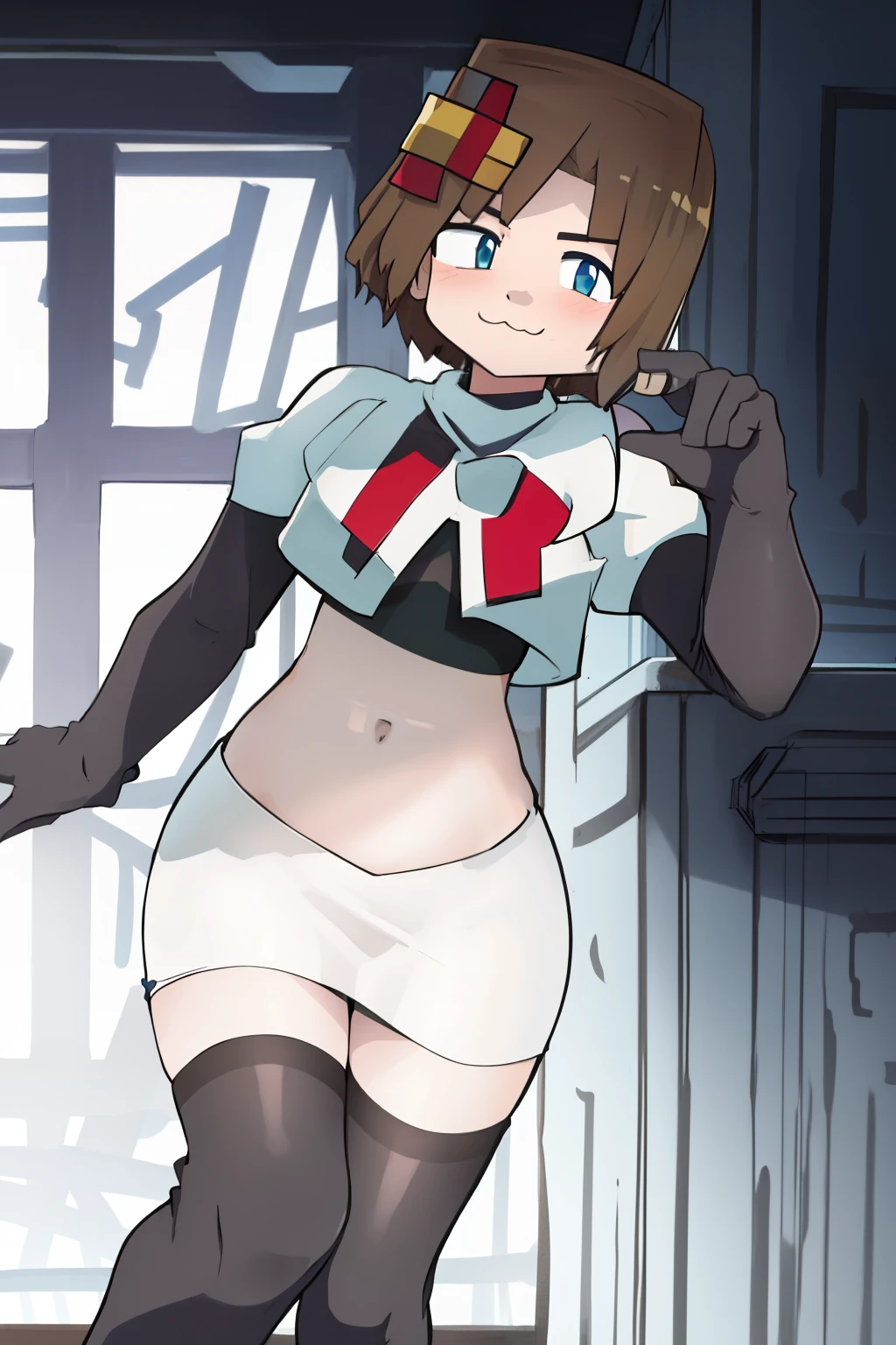 1girl, solo, jenny, :3, team rocket,team rocket uniform,white skirt,red letter R,crop top,black thigh-highs,black elbow gloves,