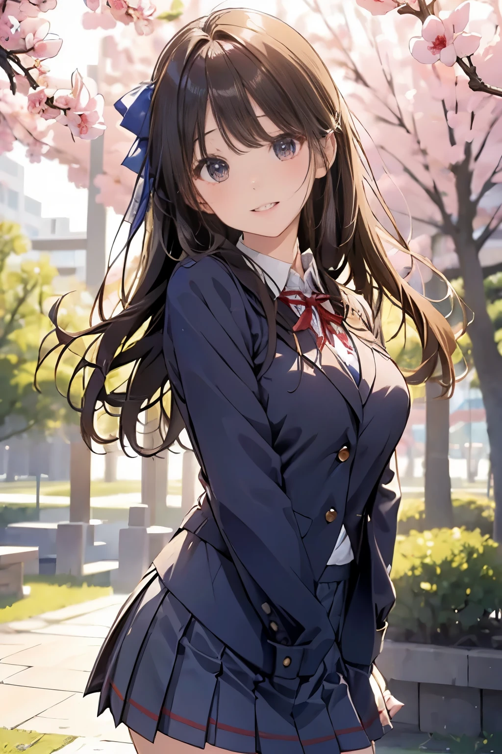 (((masterpiece)))，full body photo，(one beautiful japanese girl, innocence，cute，posterior view，look back) ，ultra high resolution, realistic, Super detailed, 8K,highest quality, very detailed, blurred background,slender body shape，small breasts，(detailed face:1.3), (Beautiful long hair fluttering in the strong wind), (baby face，cute系,Full of energy女の子), (perfect body:1.1),  ((Pink Blazer，white shirt，Red Neck Ribbon，Gray pleated kirt fluttering in the wind))，Full of energy，best smile，Pose with movement，rosy cheeks，超detailed face、detailed lips、small gravure idol，Japanese high school uniform with school emblem on the chest，transparent skin、lolita，realistic:1.37，no makeup，happy atmosphere，pastel color palette，in a sunny day，large park，happy holidays，date，happy，I feel excited