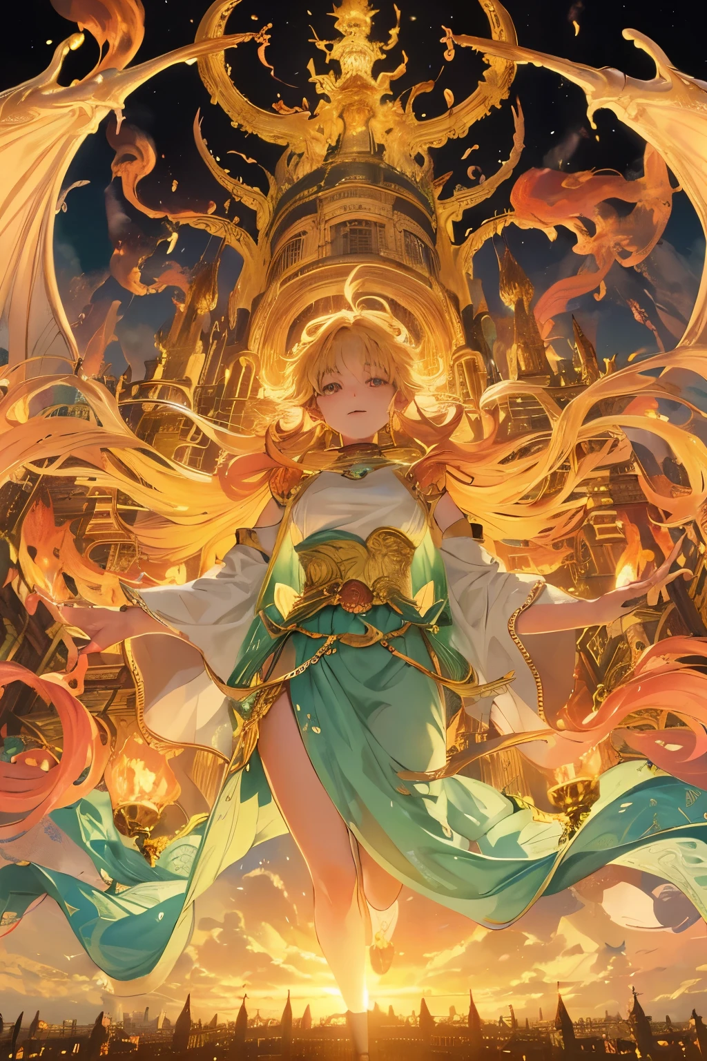 Imaginary dragon, bathed in the soft glow of an Akira Toriyama style sunset, with long, serpentine forms adorned intricately with jewels and gold. The mythical beast's wings, outlined in delicate lines and rich colors, were spread wide as it breathed out a gentle burst of fire. The breeze carried the faint scent of smoke and the dragon's earthy essence. A ray of light filtered through the clouds, casting a warm, golden hue upon the ancient city below, revealing its intricately detailed architecture, with towering temples and winding streets. The city was alive with activity, yet there was an air of tranquility that emanated from the