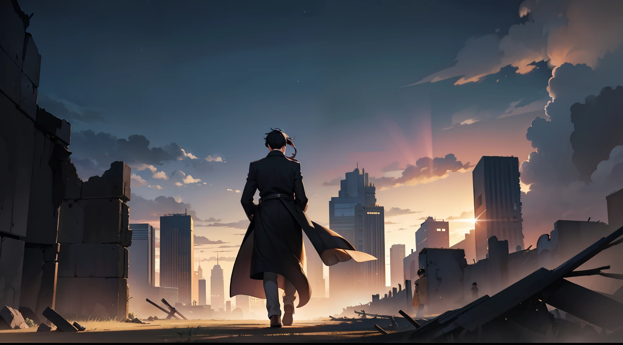 A male and a female in a long coat face away from the picture,Walk through vast ruins,Under the stars,In the dark,black hair, hugging.