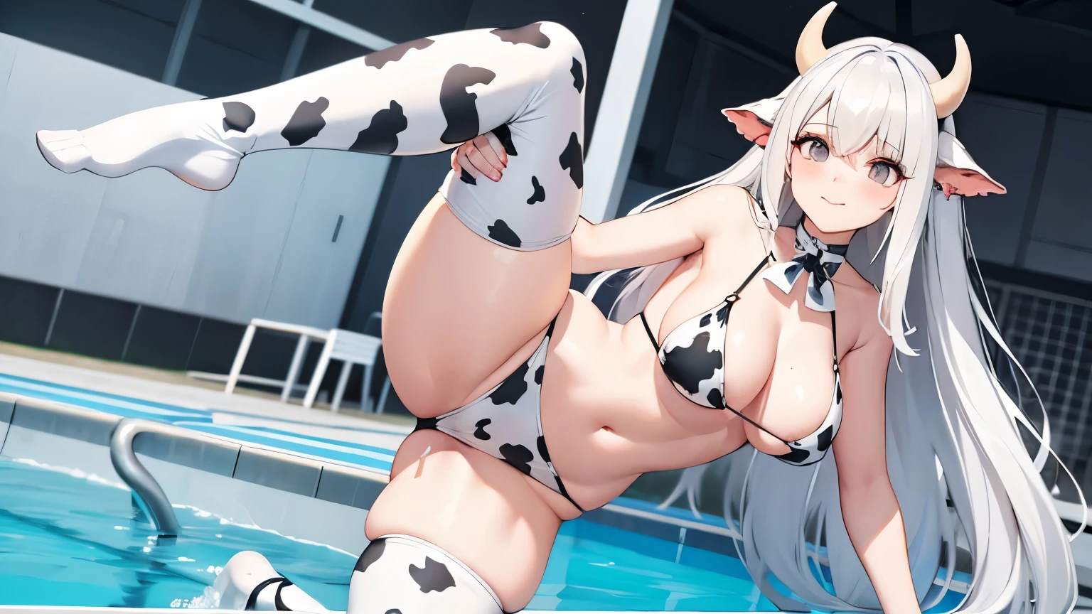 long white hair, gray eyes, cow design bikini, cow design stockings, cow tail, big , tight bikini, fit legs, pool background,