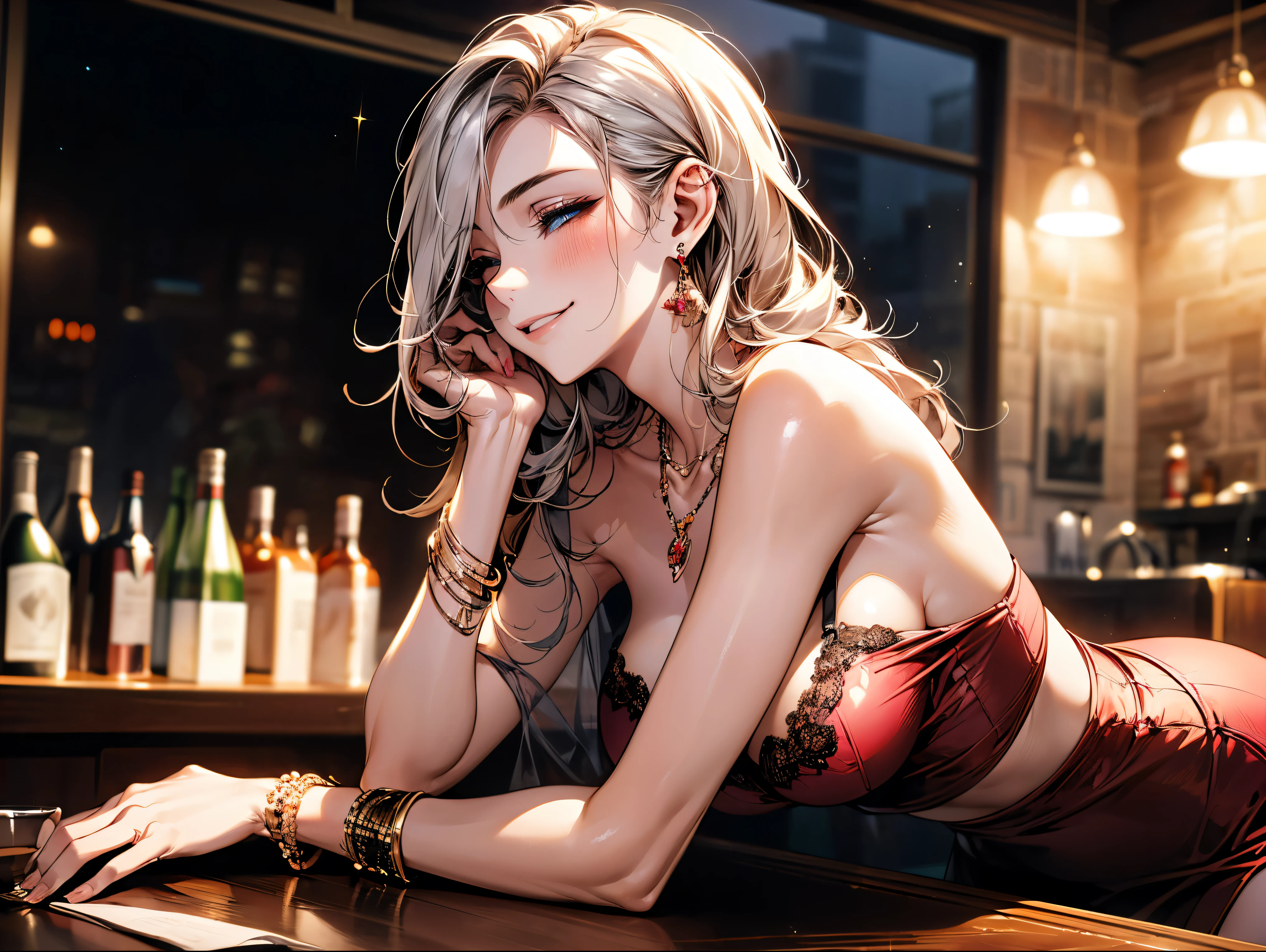 ((Drunk woman)) (Drunk woman) ((Drunk woman))(masterpiece, best quality:1.2), (high resolution, 8K RAW photo, photo realistics, clear focus, weak outline:1.3), (cinematic lighting, moody image atmosphere, textile shading), pov, (solo:1.5), 1 matured woman, 24 years old, (milf:1.5), ((nfsw:1.5, fuge breast:1.3, sagging breast, big tits, big ass, breast cleavage, harass sexually, in heat, presenting)), ((sparkling beautiful eyes with highlight:1.3)), (sitting a stool in night BAR counter, lying face down on the counter with putting arms on the counter top, looking at viewers, holding a cocktail glass), raised sexy, (soft happy smile with closing eyes:1.3), light purple line on silver hair, medium long hair, hair over one eye, asymmetric hair, half updo hair, blue eyes, wearing wine sexy party dresses, tight short pencil skirt with side slit, wearing see-through shawl around your upper arms, (Luxury detailed accessories, necklace, earrings, Bracelets), bokeh, dynamic angle, upper body:1.2, close-up face:1.5, face focus, from side:1.2, (correct anatomy:1.6, ideal ratio of body proportions, correct hand:1.5, small hands), in a night, (drunk woman), drunk woman!
