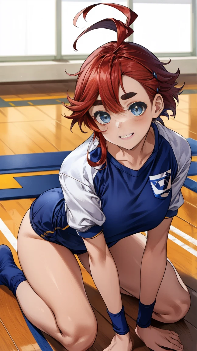 table top、highest quality、table top、high detail、be familiar with face、be familiar with eyes、rendered eyes、perfect eyes、clear image、be familiar with、wonderful、8K、8k wallpaper、8k background、high definition skin、High resolution、1 girl、smile、(White short-sleeved gym clothes with navy blue cuffs:1.3)、(navy blue bloomers:1.3)、(volleyball uniform)、(barefoot:1.3)、dark blue socks、big smile、ground、schoolyard、sexy pose、((redhead、Ahoge、blue eyes))