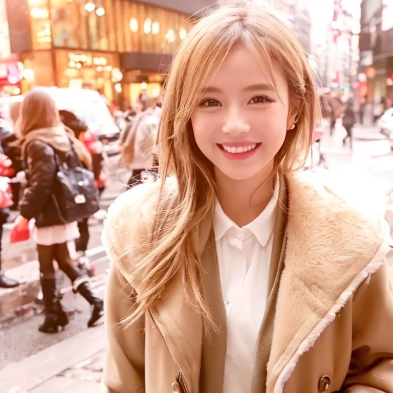 I can see the whole body、(8K、Realistic like a photo、)、((very cute))、(白colorのマフラー、black coat)、((mini skirt、knee high boots))、((I can see my thighs))、(dynamic background、background blur)、((color々Pause))、((smile shyly at the viewer))、((looking down from above))