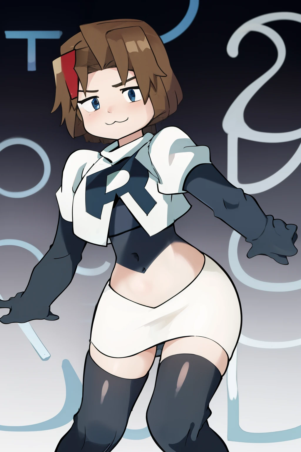 1girl, solo, jenny, :3, team rocket,team rocket uniform,white skirt,red letter R,crop top,black thigh-highs,black elbow gloves,