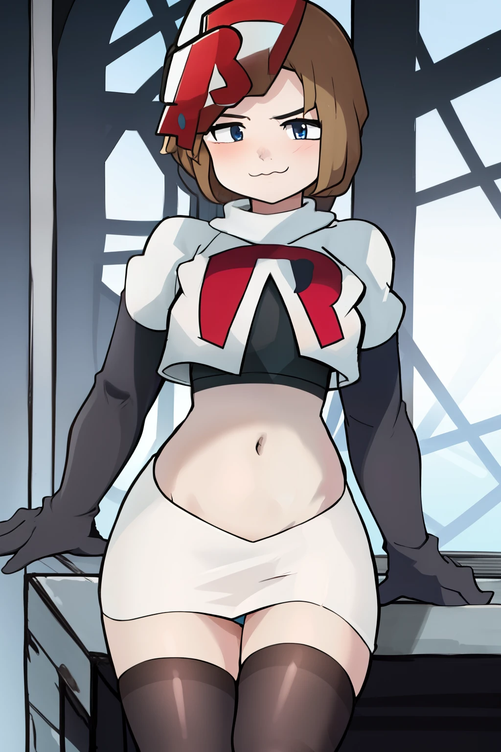 1girl, solo, jenny, :3, team rocket,team rocket uniform,white skirt,red letter R,crop top,black thigh-highs,black elbow gloves,