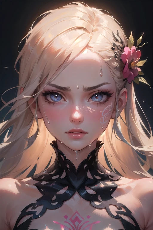 Beautiful girl, wet big eyes, very long eyelashes, cat-like narrow highly detailed arrows, expressive eyes, expressive and pupils, glare and sparkle in the eyes, filigree symmetrical floral patterns-tattoos on the face, transformation, macro photography, haute couture, tenderness, noir, filigree details, metamorphoses of flowers, hyper-realistic, high quality, hyper-detailed, professional photo, red white pink tones, filigree, beautiful, body art of flowers, transparency photo, professional movie, professional picture, ultra detailed, ultra realistic, cinematic, sharp focus, bright light