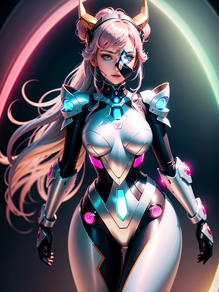 A beautiful anime girl in a rose gold and silver futuristic mecha suit with the quality of a surrealist masterpiece. She has a delicate angelic face and devilish curves that shine in realistic lighting, pink neons, teal neons, fashion portrait, gradient background, aurora borealis, best quality, 8k, cinematic, incredible details, incredible skin, polish