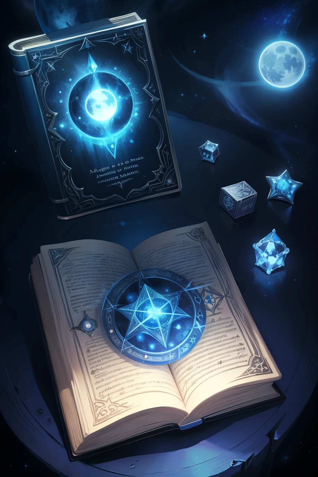 magic grimoire, book of the night, beautiful blue circle, jewel, runes inscribed on the spine, silver and blue and black, magic, fantasy, magic book, abyss magic, space stars, black, moon phases on book, planet earth in centre of book
