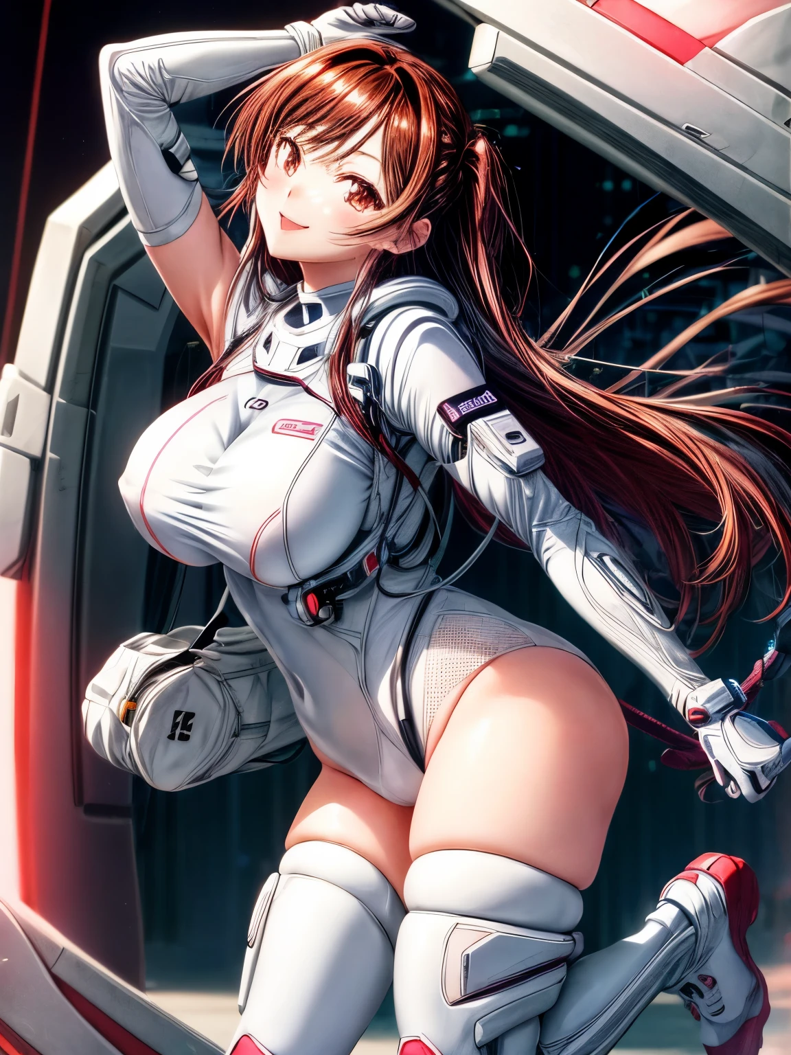 chizuru, big breasts, 1 beautiful girl、anime girl, White Cybersuit、smooth cyber suit, 8K, High resolution、sexy pose、big smile