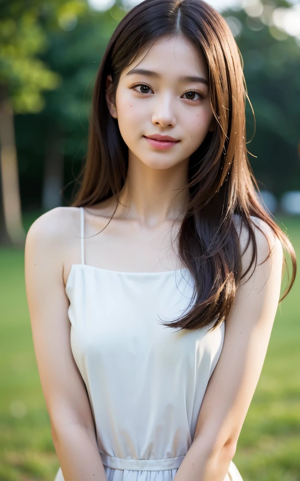 masterpiece, Best Quality, 8K, 22 yo, Raw photo, smile, Solo, cute, Idol face, Delicate girl, neat and clean beauty, Upper body, Digital SLR, Looking away, Candid, Sophisticated, Thin arms, Professional Lighting, Film grain, (Eyes and faces with detailed:1.0), sway in the wind Medium length straight hair, (Bokeh:1.1)