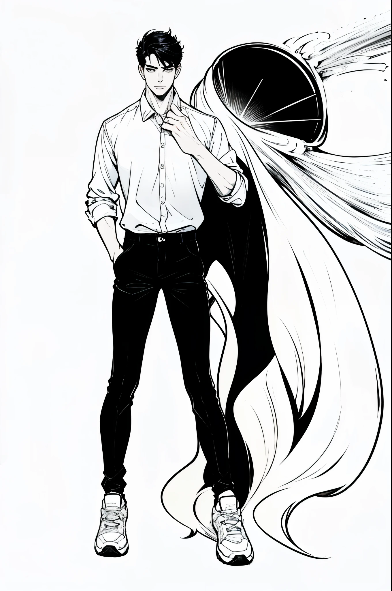 ((1boy)),lineart, monochrome,((masterpiece)), ((best quality)),((8K wallpaper)),((highly detailed)),,realistic,studio lighting, realistic,studio lighting, ultra bright white lighting,((front lighting)),simple background,white background,high resolution,professional photography,ultra high details,32K,ultra bright white lighting,((front lighting)),simple background,white background,high resolution,professional photography,ultra high details,32K, full body, handsome man, white shirt, black hair, black and white, black pants, white shoes, white sneakers, full silhouette, all body visible, handsome young man, 18 years old, detailed face, detailed clothes, ultra detailed, school uniform, messy hair, full body is visible, tall and slender, average muscle mass, front profile, ((solo)), monochrome, kazuki yone