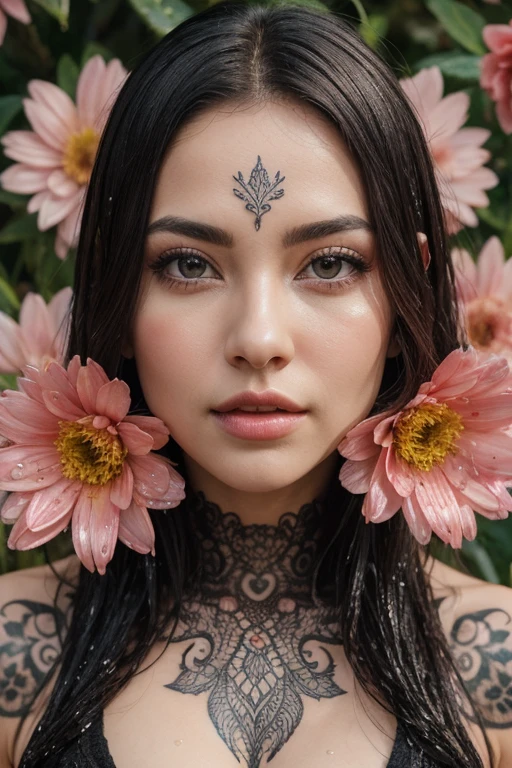 Beautiful girl, wet big eyes, very long eyelashes, cat-like narrow highly detailed arrows, expressive eyes, expressive and pupils, glare and sparkle in the eyes, filigree symmetrical floral patterns-tattoos on the face, transformation, macro photography, haute couture, tenderness, noir, filigree details, metamorphoses of flowers, hyper-realistic, high quality, hyper-detailed, professional photo, red white pink tones, filigree, beautiful, body art of flowers, transparency photo, professional movie, professional picture, ultra detailed, ultra realistic, cinematic, sharp focus, bright light