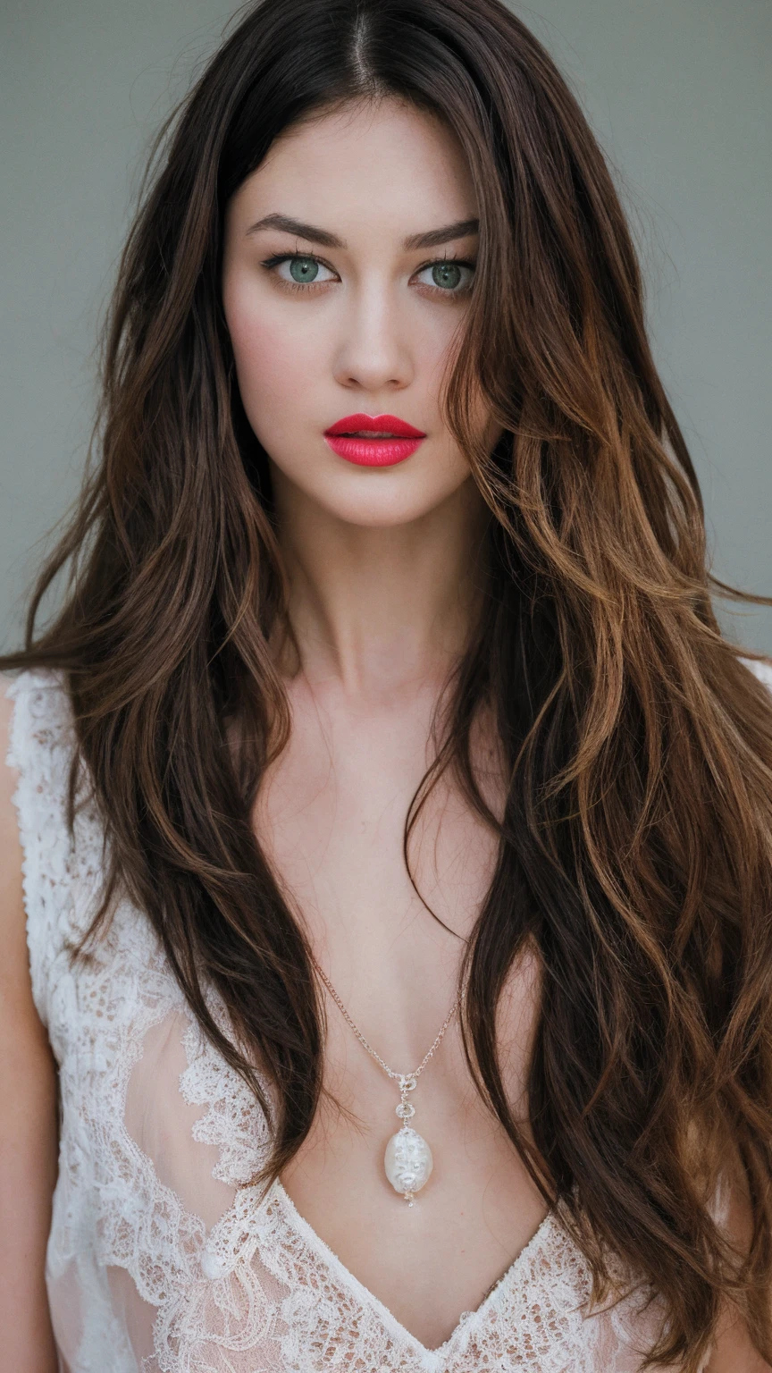 Realistic photo of a beautiful 0lg4k woman, 1girl,solo,long hair,looking at viewer,simple background,black hair,white background, small breast, pearl skin, blond brown hair, green eyes, jet pink lipstick, realistic pink silk slip, nose pin, soft lighting, professional Photography, Photorealistic, detailed, RAW, analog, sharp focus, 8k, HD, high quality, masterpiece