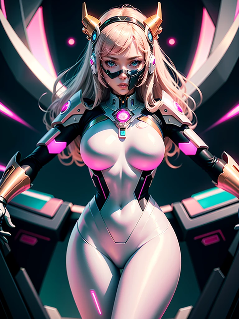 A beautiful anime girl in a rose gold and silver futuristic mecha suit with the quality of a surrealist masterpiece. She has a delicate angelic face and devilish curves that shine in realistic lighting, pink neons, teal neons, fashion portrait, gradient background, aurora borealis, best quality, 8k, cinematic, incredible details, incredible skin, polish