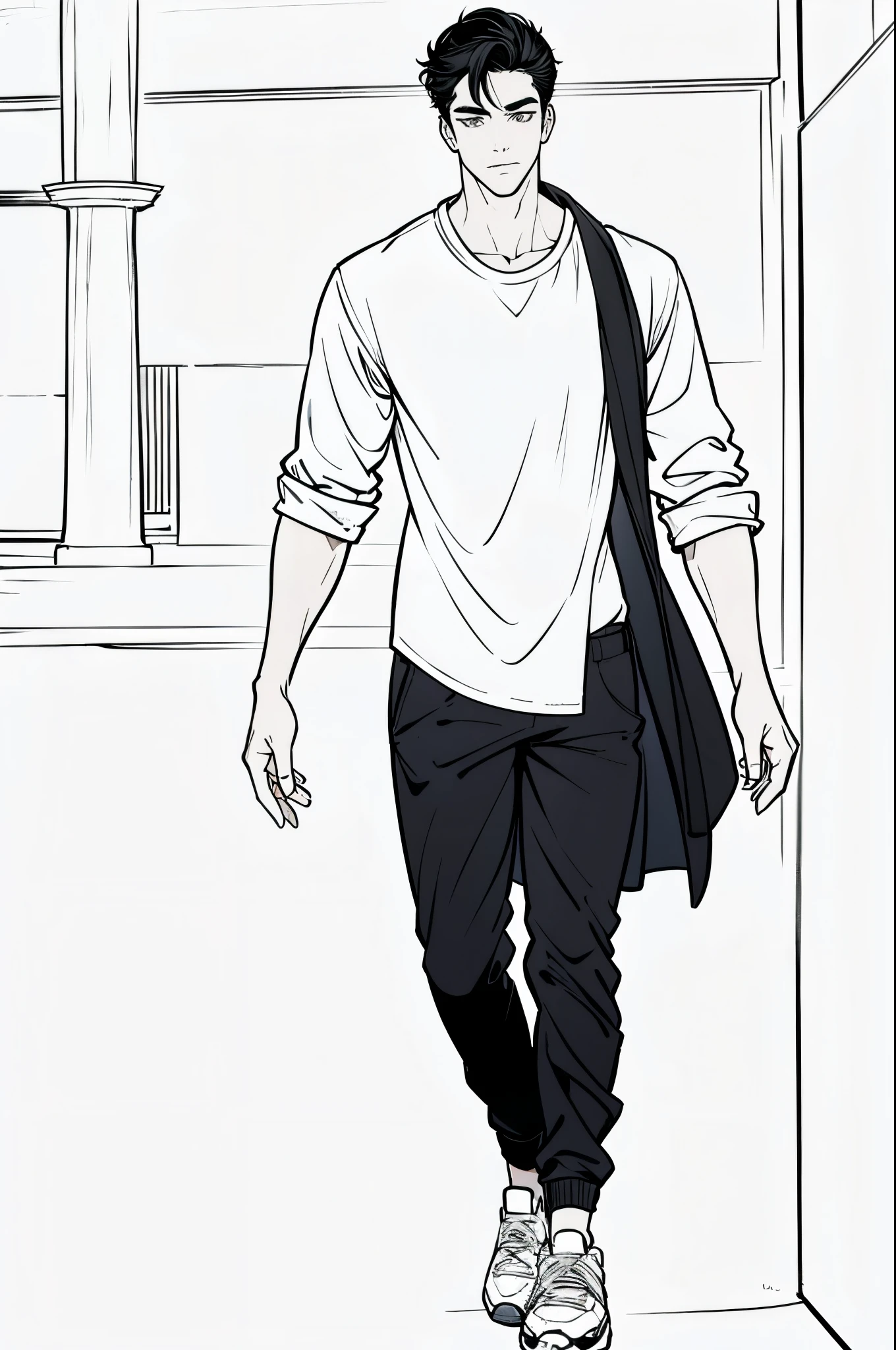 ((1boy)),lineart, monochrome,((masterpiece)), ((best quality)),((8K wallpaper)),((highly detailed)),,realistic,studio lighting, realistic,studio lighting, ultra bright white lighting,((front lighting)),simple background,white background,high resolution,professional photography,ultra high details,32K,ultra bright white lighting,((front lighting)),simple background,white background,high resolution,professional photography,ultra high details,32K, full body, handsome man, white shirt, black hair, black and white, black pants, white shoes, white sneakers, full silhouette, all body visible, handsome young man, 18 years old, detailed face, detailed clothes, ultra detailed, school uniform, messy hair, full body is visible, tall and slender, average muscle mass, front profile, ((solo)), monochrome, kazuki yone