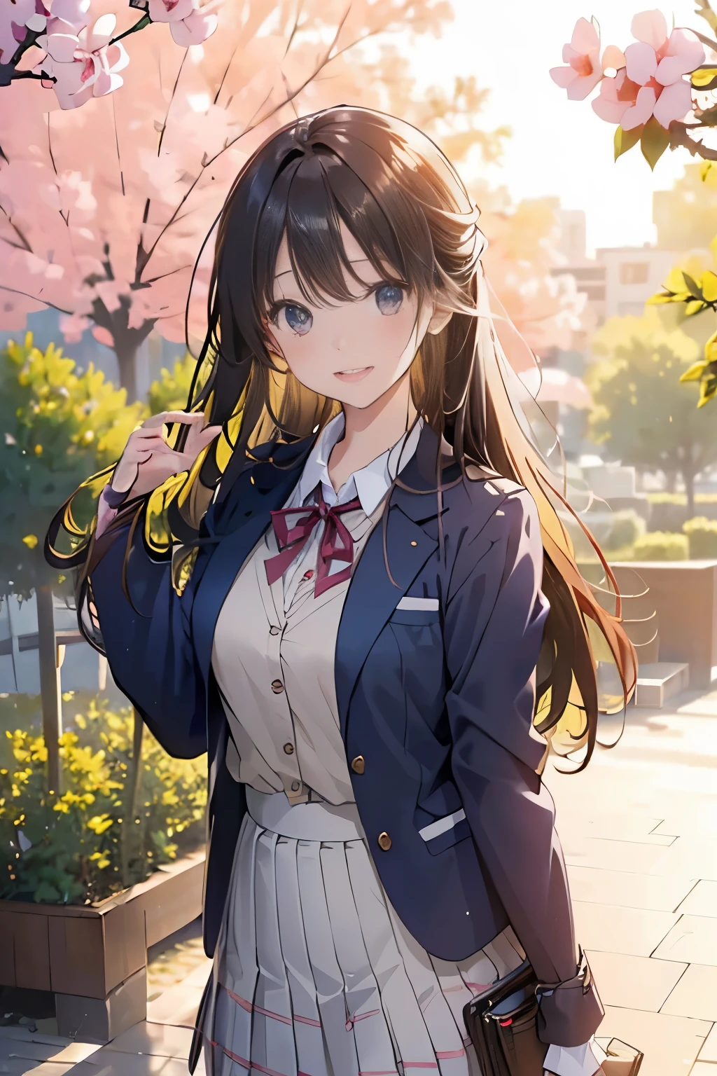(((masterpiece)))，full body photo，(one beautiful japanese girl, innocence，cute，posterior view，look back) ，ultra high resolution, realistic, Super detailed, 8K,highest quality, very detailed, blurred background,slender body shape，small breasts，(detailed face:1.3), (Beautiful long hair fluttering in the strong wind), (baby face，cute系,Full of energy女の子), (perfect body:1.1),  ((Pink Blazer，white shirt，Red Neck Ribbon，Gray pleated kirt fluttering in the wind))，Full of energy，best smile，Pose with movement，rosy cheeks，超detailed face、detailed lips、small gravure idol，Japanese high school uniform with school emblem on the chest，transparent skin、lolita，realistic:1.37，no makeup，happy atmosphere，pastel color palette，in a sunny day，large park，happy holidays，date，happy，I feel excited