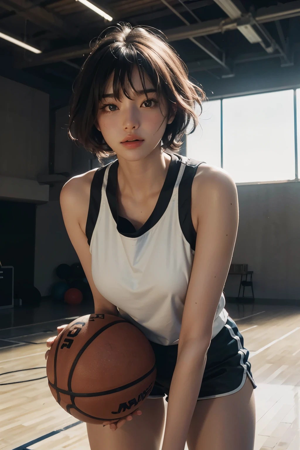 (RAW photo, 4k, masterpiece, high resolution, extremely complex) (realistic: 1.4), cinematic lighting Delicate girl with delicate facial features, oversized breasts
1 Girl, Single Focus, Summer Noon, Hot, Gym 1990s\(style\), white skin, oversized breasts, shorts, sweat, (best quality), (highres), (an extremely delicate and beautiful), (Beautiful 8k face), (brown eyes), (ulzzang-6500:1.0), (solo), ( looking side),(spectators),(large breasts),(NBA),bent over,,lookside,(side), ,(Basketball sportswear),((Play basketball)),((gymnasium)),((speed)),(reality),