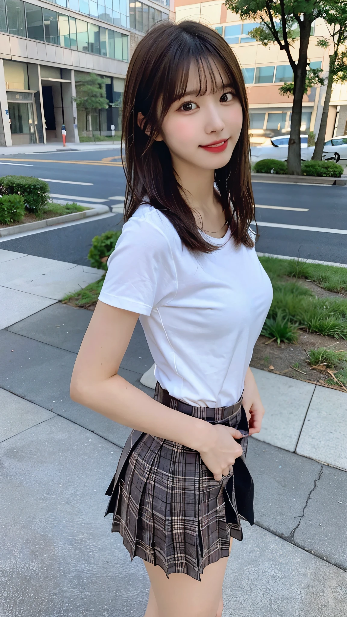 NSFW, 8K RAW photo, highest quality, masterpiece, ultra high resolution, film grain, movie, 1 girl, looking at the viewer, natural skin texture, Realistic eye and face details, full lips, lip tick, (compensate), Random hairstyles、A sloppy smile、beautiful feet, skinny, slim_feet, alone, big 、cleavage, pose with your butt facing yourself, super short skirt, teeth, shirt, beautiful natural location, Around Hanaba, (detailed background), Plaid skirt, white shirt, Show a little cleavage through the shirt, loafers, blurry background、holding, Plaid, short sleeve, brown hair, bangs, school uniform, parted lips, From the side, pleated skirt, written boundary depth、(shirtの胸元が大きく開いている)、Chest looks good:1.2