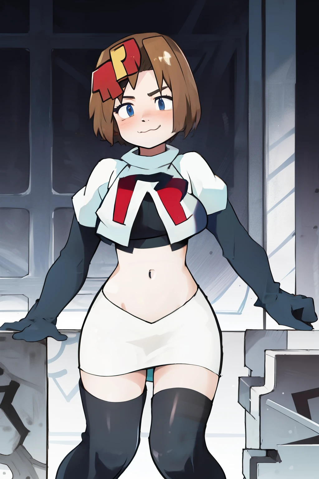 1girl, solo, jenny, :3, team rocket,team rocket uniform,white skirt,red letter R,crop top,black thigh-highs,black elbow gloves,