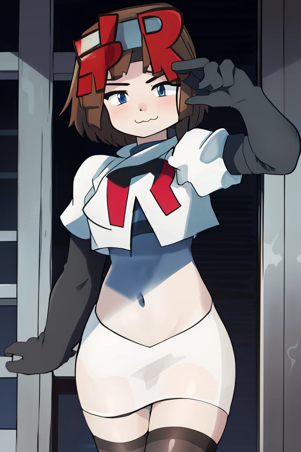 1girl, solo, jenny, :3, team rocket,team rocket uniform,white skirt,red letter R,crop top,black thigh-highs,black elbow gloves,