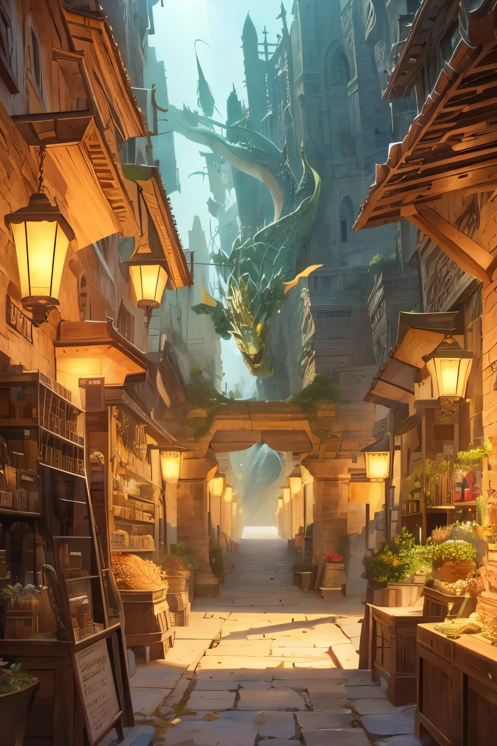 In the heart of an ancient city, where the sands of time faithfully preserve its history, an imaginary dragon comes to life. Drawn in the intricate and whimsical style of Akira Toriyama, the dragon's scales shimmer with the soft rustle of a breeze and the gentle play of light and shadow. A ray of light cascades through the dusty streets, illuminating the dragon's form as it stretches its wings, their impact resonating through the hollowed corridors of the forgotten city. Every feather, every crease, and every fine texture is rendered with hyper-detailed precision. The city beyond acts as a captivating backdrop, complete with crumbling walls