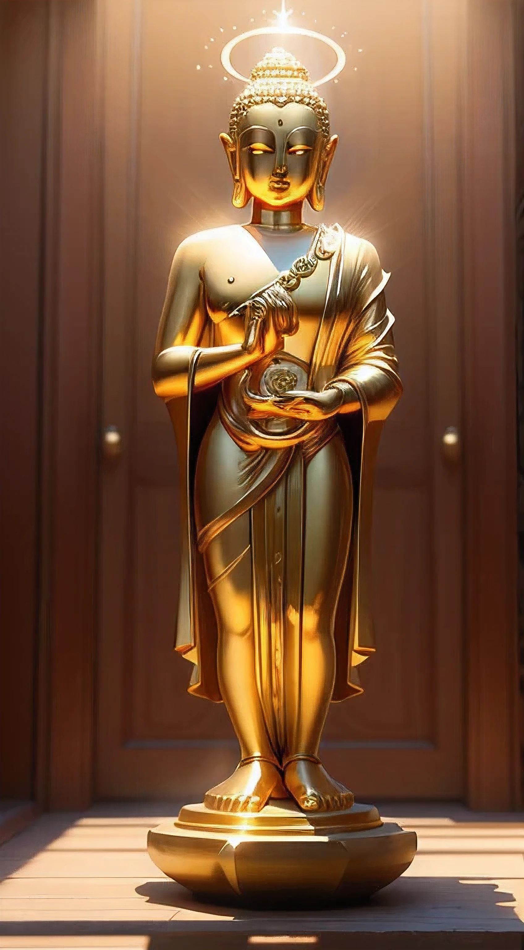 masterpiece, best quality, 8k, 4k, Golden Buddha statue with a shining halo, buddhism, the buddha, budista, Buddha, samsara, Enlightenment, beautiful gold saint, Spiritual enlightenment, Pushkaraka, Enlightenment, buddhist art, ((front viewing)), Shining golden aura, Enlightenment. Convoluted, on path to enlightenment, on path to enlightenment, radiating golden light, standing Budda,