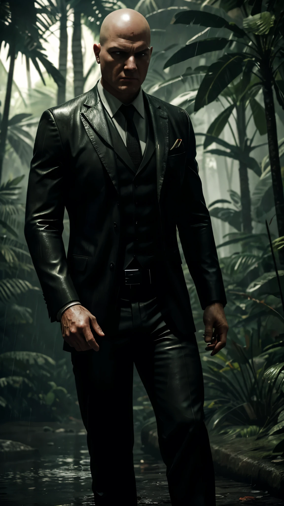 Create a 16K Render of Agent 47 in Max Payne 3. Set in the jungle in Sao Paolo. Photorealistic, extremely detailed add rain and reflections and blood stains. Make it dramatic and epic. Add wild trees and wildlife to the image. DSLR Effect. Kodak Film filter. Noise and film grain. Take reference from Hitman and Max Payne 3. Hollywood effect.