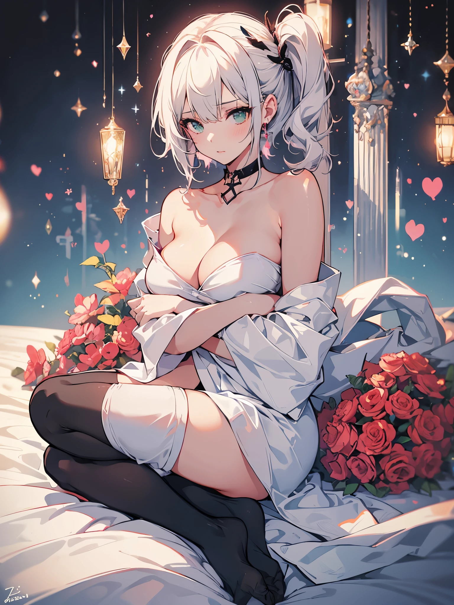 1girl, bed_sheet, black_legwear, blush, breasts, cleavage, collarbone, covering, covering_breasts, crossed_arms, green_eyes, medium_breasts, misty_, navel, nude, white_hair, short_hair, side_ponytail, signature, sitting, solo, thighhighs, topless, big ass
