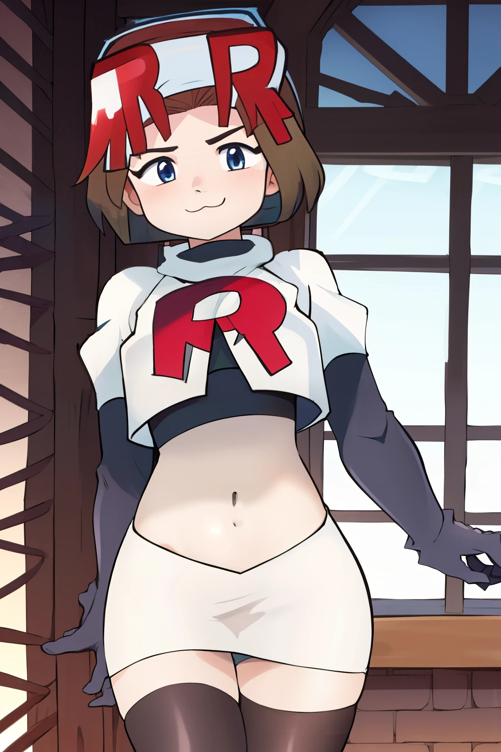 1girl, solo, jenny, :3, team rocket,team rocket uniform,white skirt,red letter R,crop top,black thigh-highs,black elbow gloves,