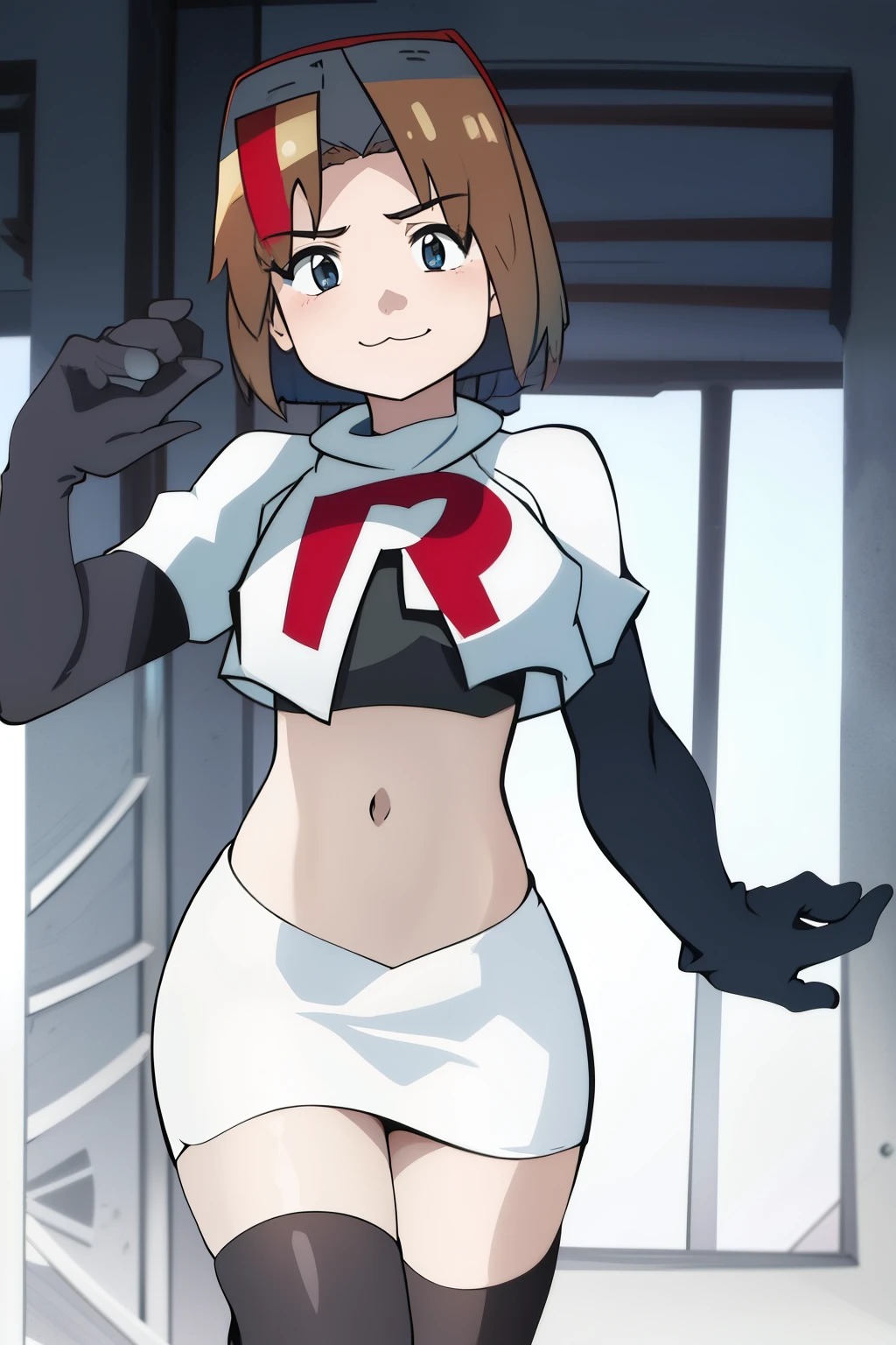 1girl, solo, jenny, :3, team rocket,team rocket uniform,white skirt,red letter R,crop top,black thigh-highs,black elbow gloves,