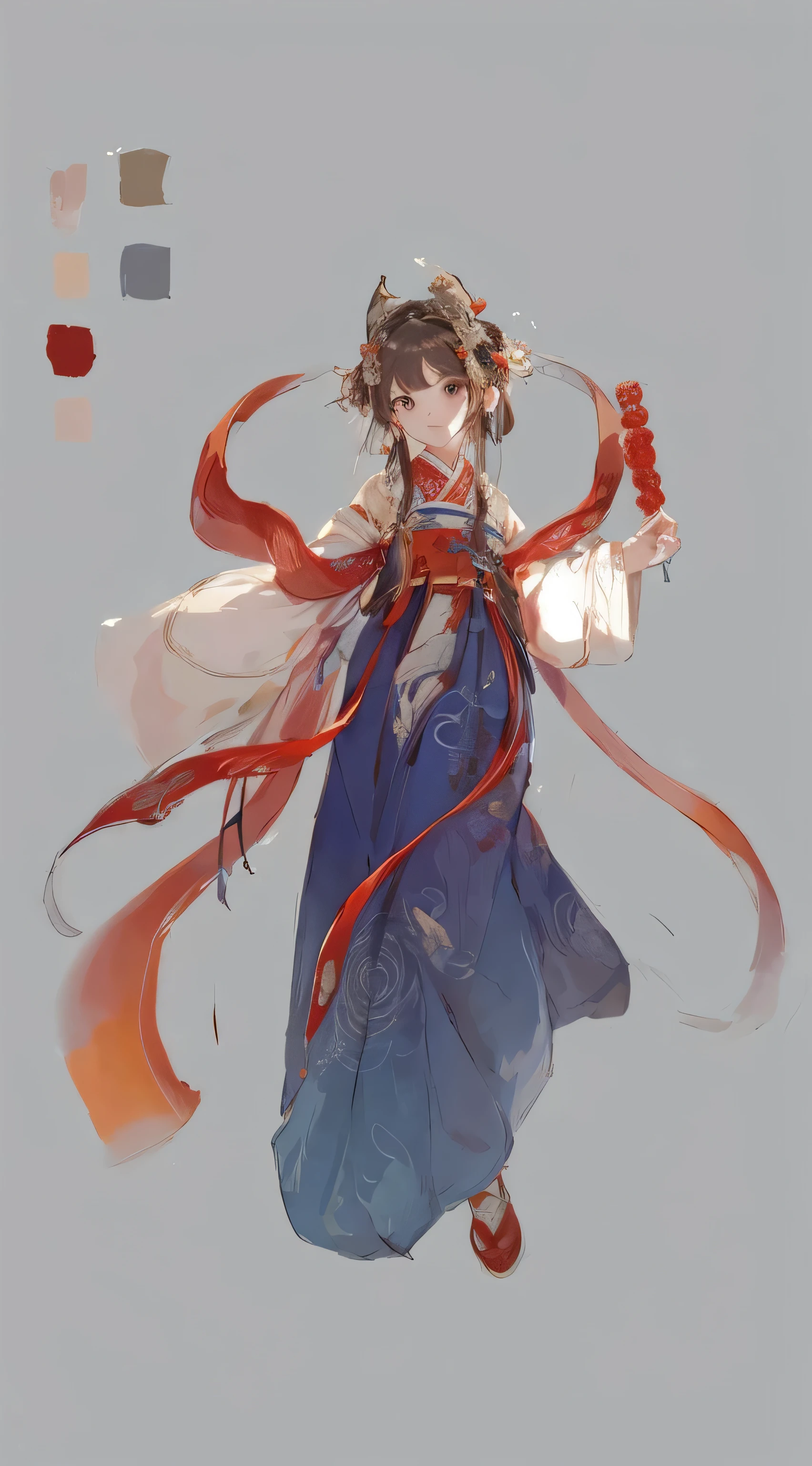 masterpiece,best quality, 1 girl, alone, hanfu,ribbon,brown eyes, whole body, Ancient, absolute chance, White background, Sugar gourd,Chinese style