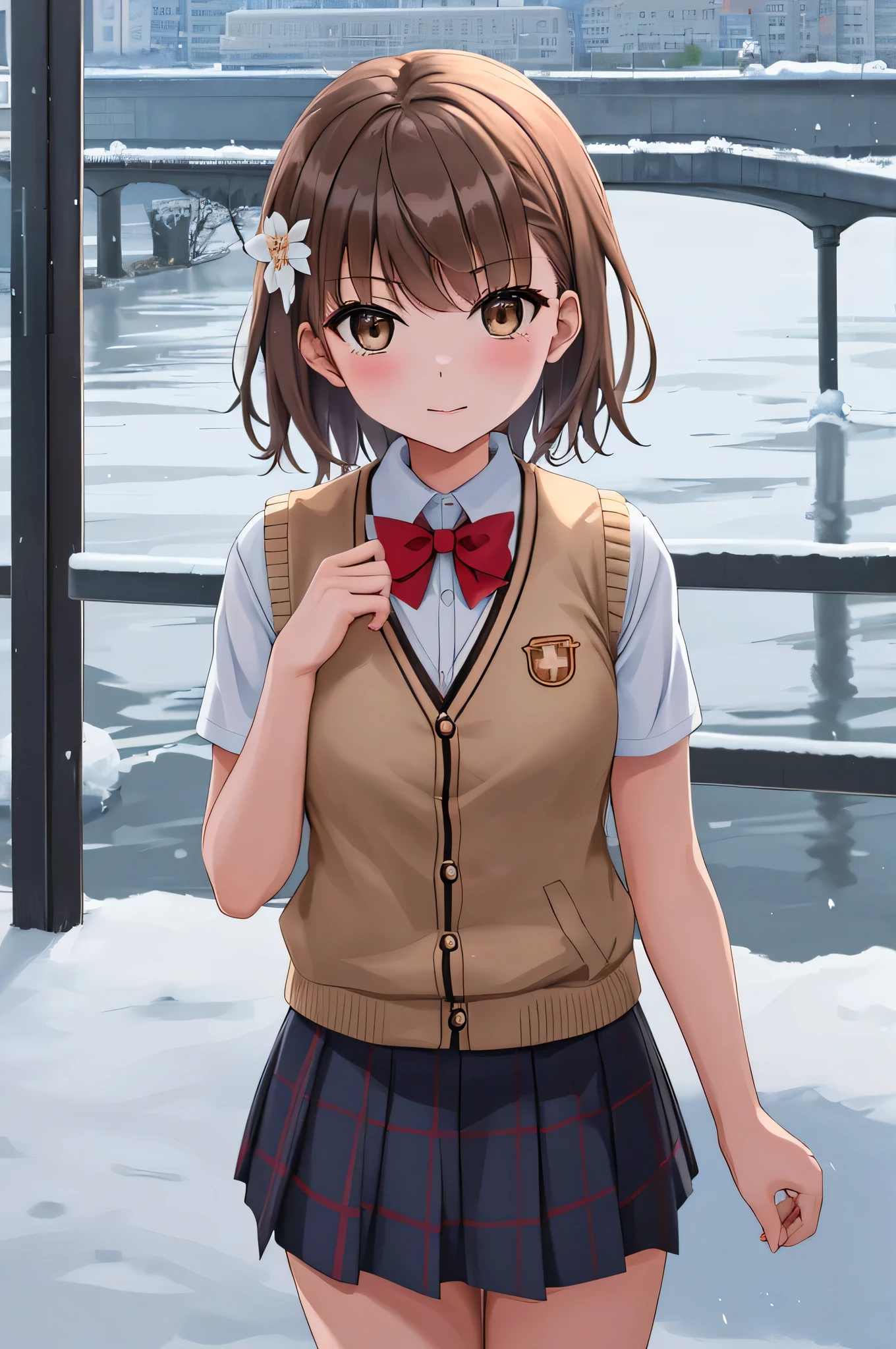 雪の残る冬のriverin遊ぶ少女, river、river、小river、冬のriverの中に膝まin入って遊ぶ少女、masterpiece, highest quality, 8K, brown eyes, looking for in viewer, 一人in, short_hair, closed_mouth, with collar_shirt, looking for_in_viewer, School_uniform, shirt, white_shirt, small_chest, (((まだ雪の残る冬のriverをスカートをたくし上げて膝まinつかって渡っている)))、Amikoto, short hair, hairの花, whiteのshirt, sweater vest, short sleeve, gray skirt, SHORTS UNDER SKIRT Amikoto, short hair, hairの花, red bow tie, blazer, brown jacket, long sleeve, PLAID SKIRT Amikoto, short hair, hairの花, Gym suit, bare shoulders, ノースリーブshirt, whiteのshirt, short半ズボン, whiteいショーツ