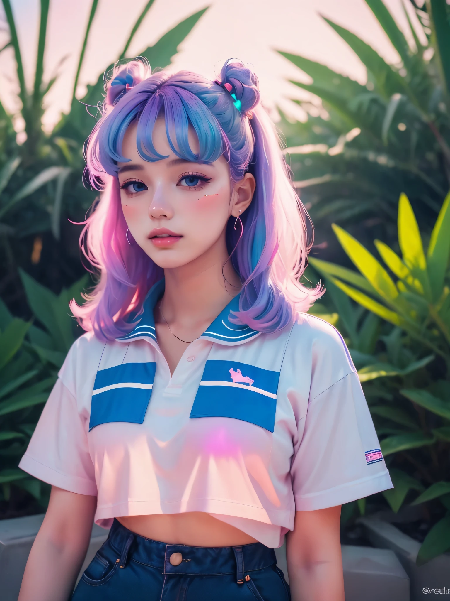 (vivid colors,ultra-detailed),a girl with (long purple hair and big blue eyes),wearing (a pink sailor uniform),standing in (a retro-futuristic cityscape with neon lights and palm trees),surrounded by (glitch art and holographic elements),reflecting the (pastel colors and dreamy atmosphere) of the Vaporwave aesthetic.(HDR,highres:1.2),(retro,80's-inspired:1.1),(cyberpunk,futuristic),(vibrant,psychedelic,pastel:1.1) colors,enhanced (bokeh,light flares),soft and (dreamlike:1.1) lighting,creating a sense of (nostalgia and tranquility).(digital illustration)