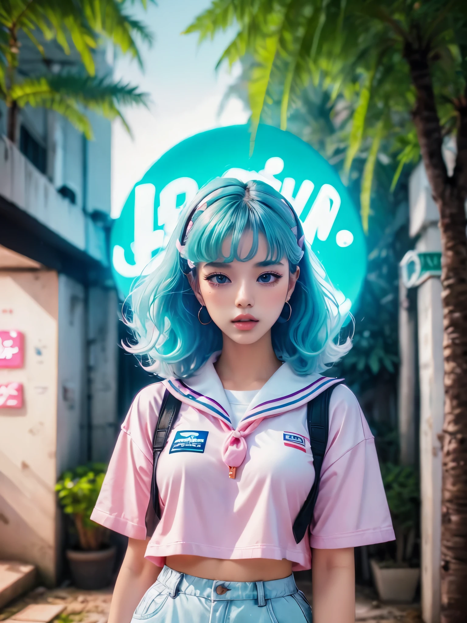 (vivid colors,ultra-detailed),a girl with (long purple hair and big blue eyes),wearing (a pink sailor uniform),standing in (a retro-futuristic cityscape with neon lights and palm trees),surrounded by (glitch art and holographic elements),reflecting the (pastel colors and dreamy atmosphere) of the Vaporwave aesthetic.(HDR,highres:1.2),(retro,80's-inspired:1.1),(cyberpunk,futuristic),(vibrant,psychedelic,pastel:1.1) colors,enhanced (bokeh,light flares),soft and (dreamlike:1.1) lighting,creating a sense of (nostalgia and tranquility).(digital illustration)