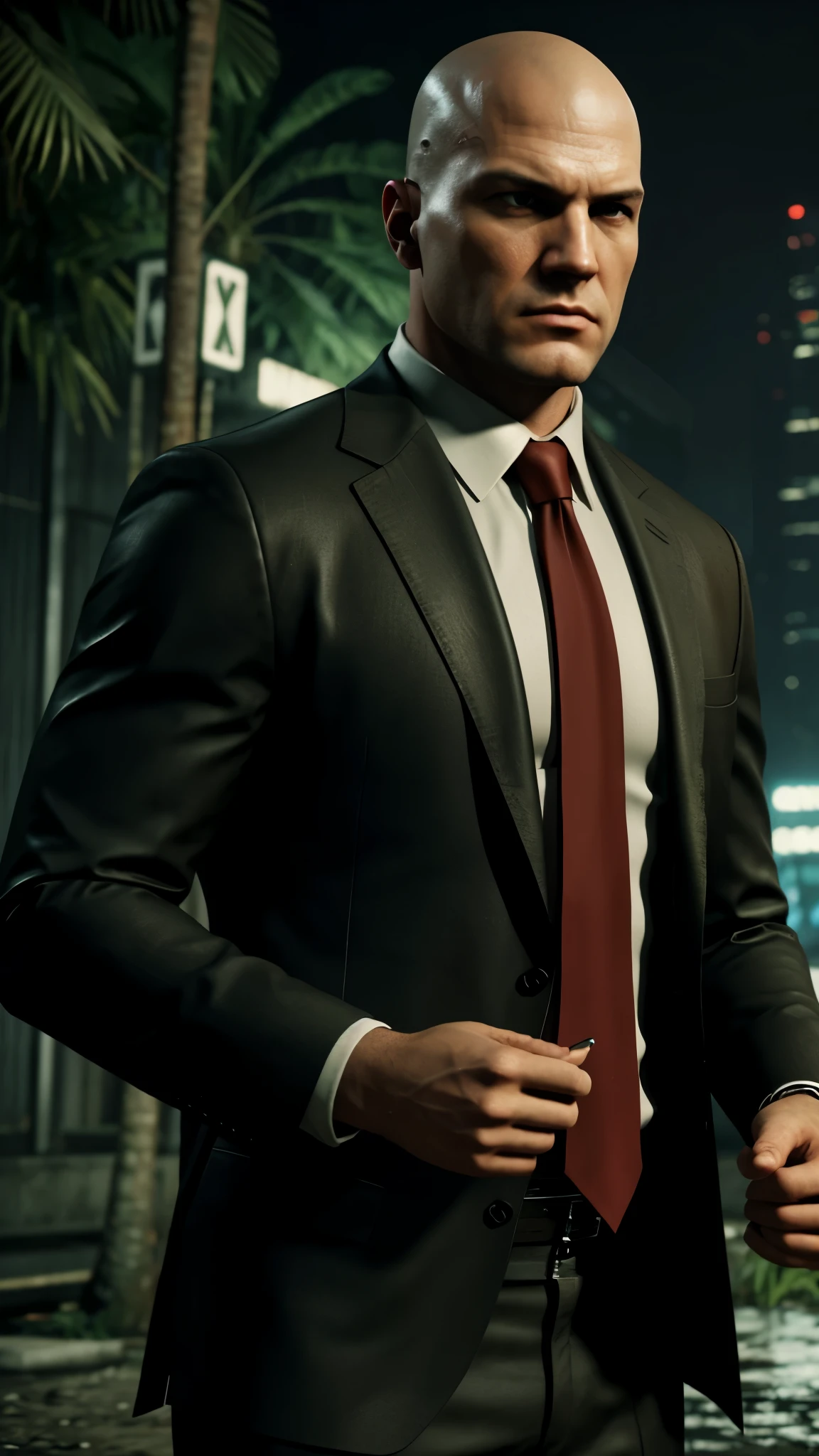 Create a 16K Render of Agent 47 wearing a suit with red tie in Max Payne 3. Set in the jungle in Sao Paolo. Photorealistic, extremely detailed add raindrops and highly detailed reflections and blood stains. Make it dramatic and epic. Add wild trees and wildlife to the image. DSLR Effect. Kodak Film filter. Noise and film grain. Take reference from Hitman and Max Payne 3. Hollywood effect.